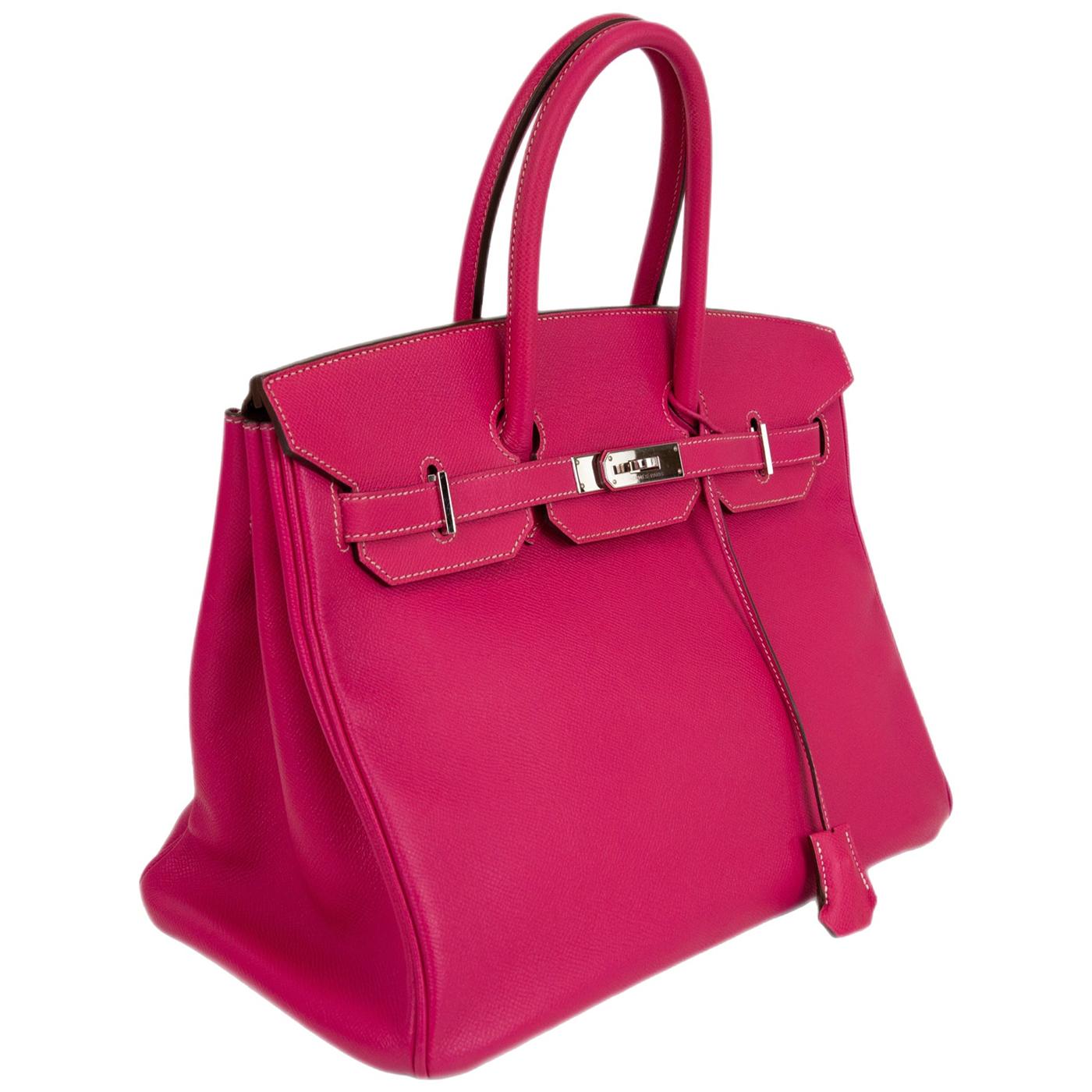 This two-tone Hermès Birkin 35 is handcrafted from Epsom leather in Rose Tyrien. The embossed Epsom leather is very soft to the touch, lightweight, and highly resistant to scratches, and topped with palladium hardware. Marked with the horseshoe