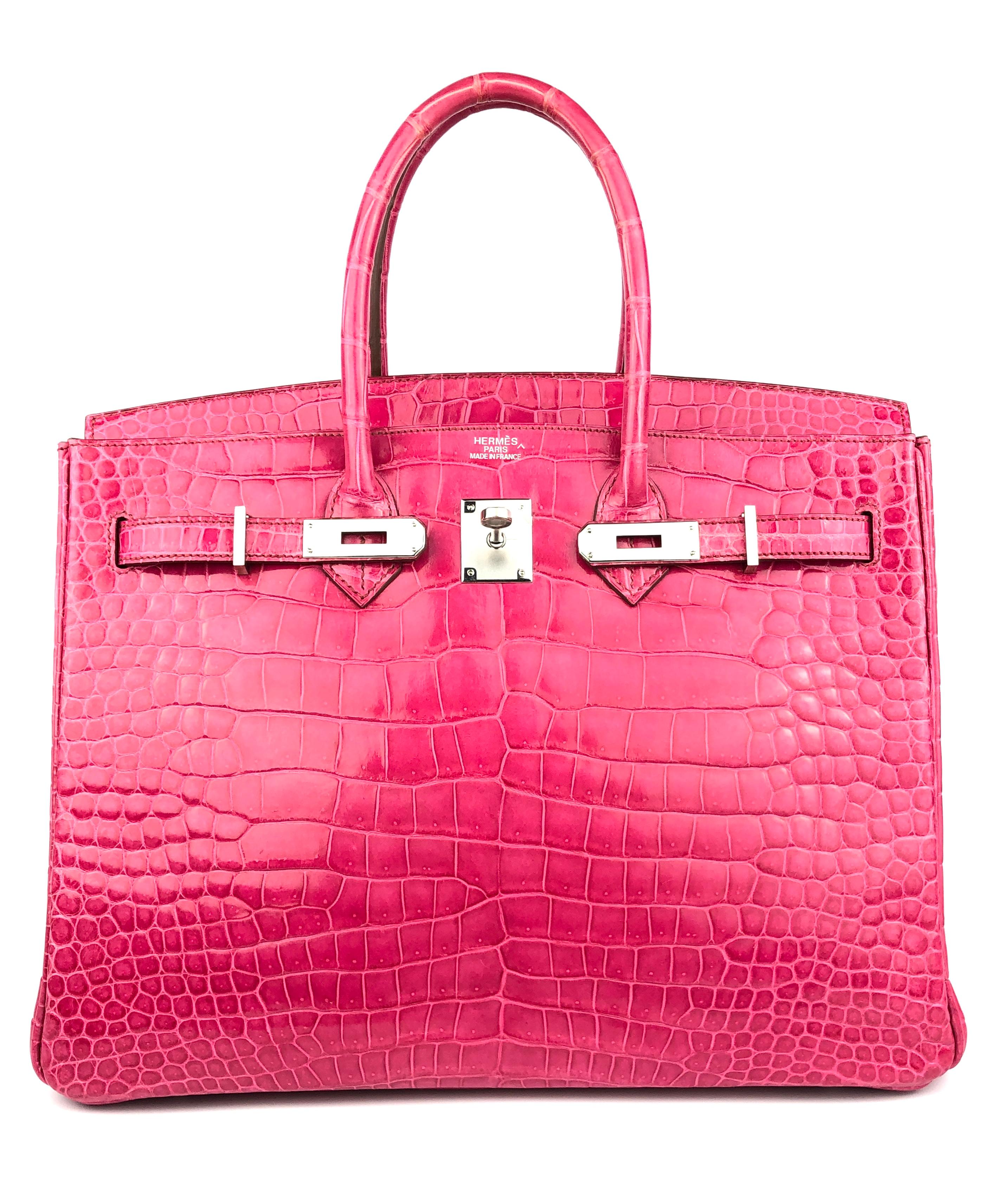 Absolutely Stunning RARE Hermes Birkin 35 Rose Tyrien Pink Crocodile Skin Leather Palladium Hardware. Plastic on all hardware, excellent structure and corners. 2011 O Stamp. Missing Clochette, lock and keys.

BEST PRICE ON THE MARKET! 

Please keep