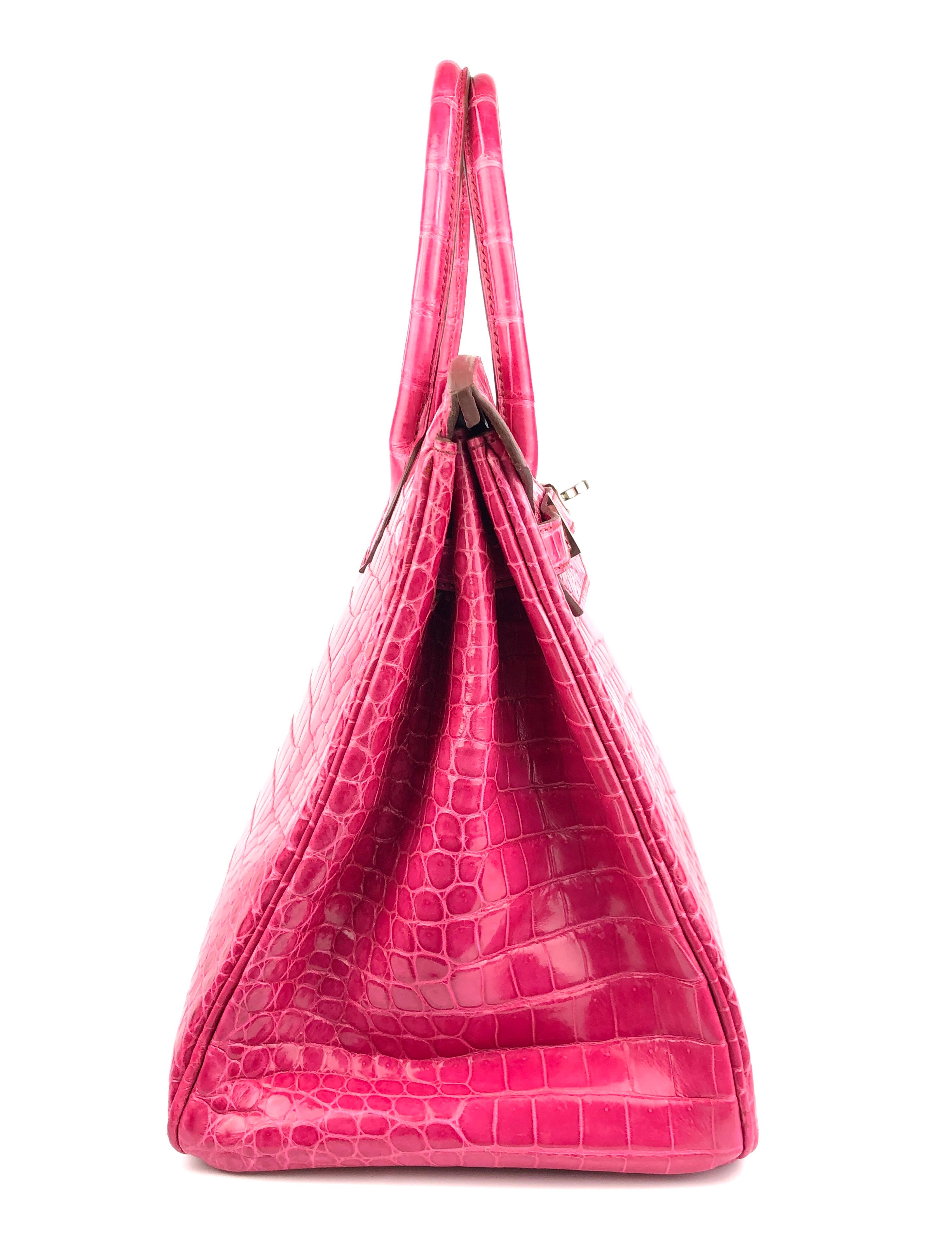 Hermes Birkin 35 Rose Tyrien Pink Shiny Porosus Crocodile Palladium Hardware In Excellent Condition In Miami, FL