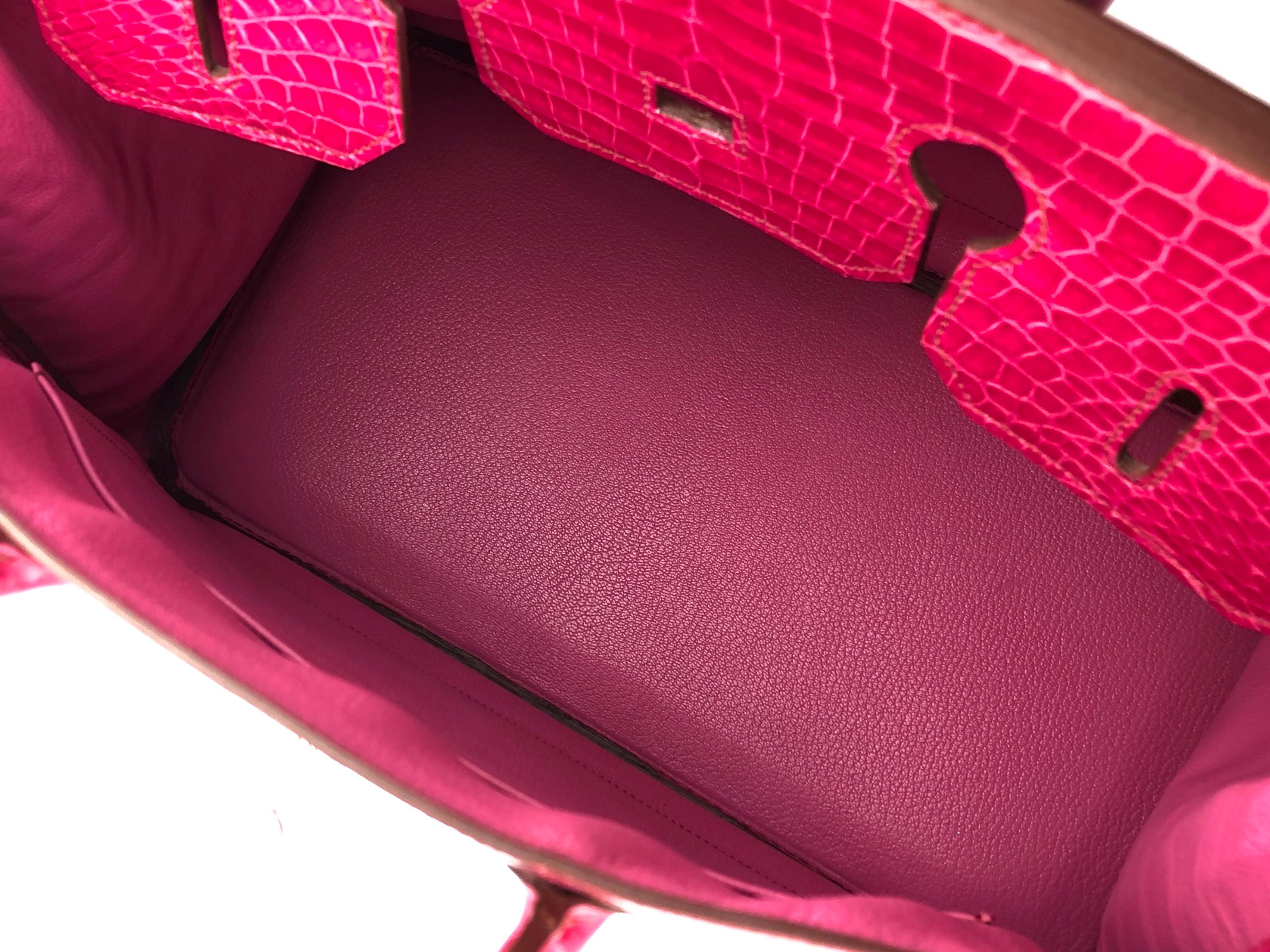 Women's or Men's Hermes Birkin 35 Rose Tyrien Pink Shiny Porosus Crocodile Palladium Hardware