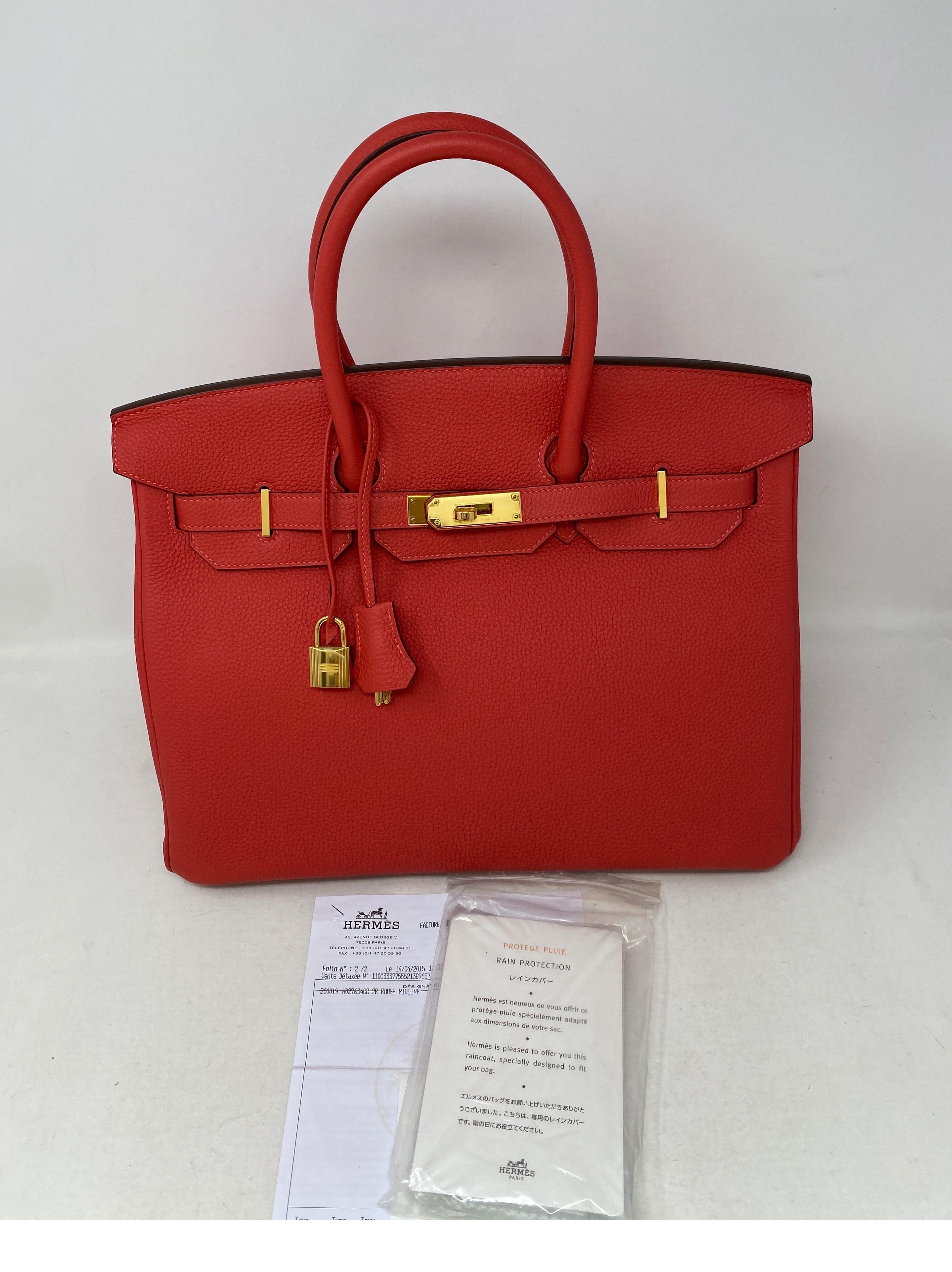 Hermes Birkin 35 Rouge Pivoine Bag. Beautiful rose pink/ red color. Peony in French. Excellent condition like new. Gold hardware. R stamp. From 2014. Was never used. Plastic is still on hardware. Don't miss out on this one. Stunning combination.