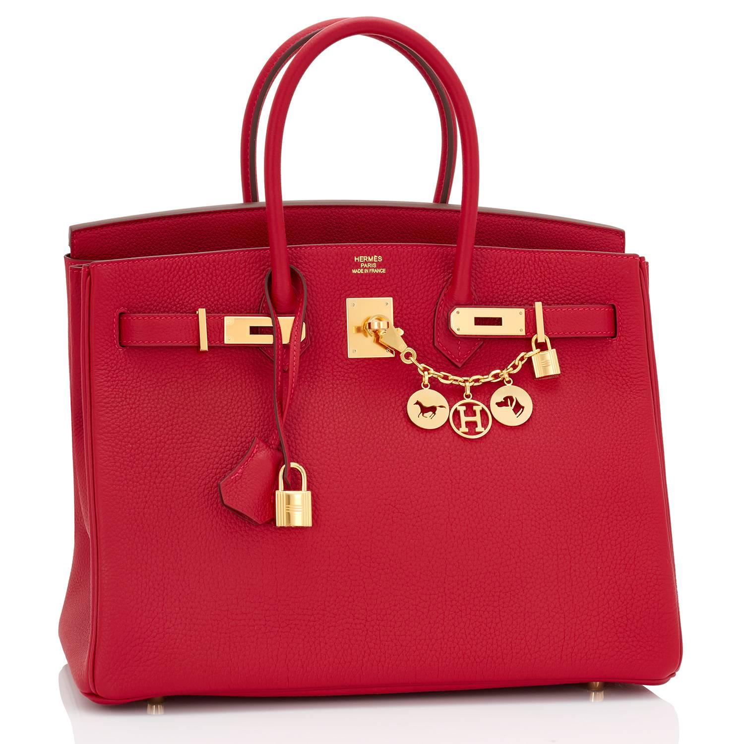 Hermes Rouge Vif Lipstick Red 35cm Birkin Gold Hardware 
Brand New in Box.  Store Fresh.  Pristine Condition (with plastic on hardware).
Perfect gift! Coming with keys, lock, clochette, a sleeper for the bag, rain protector, and orange Hermes