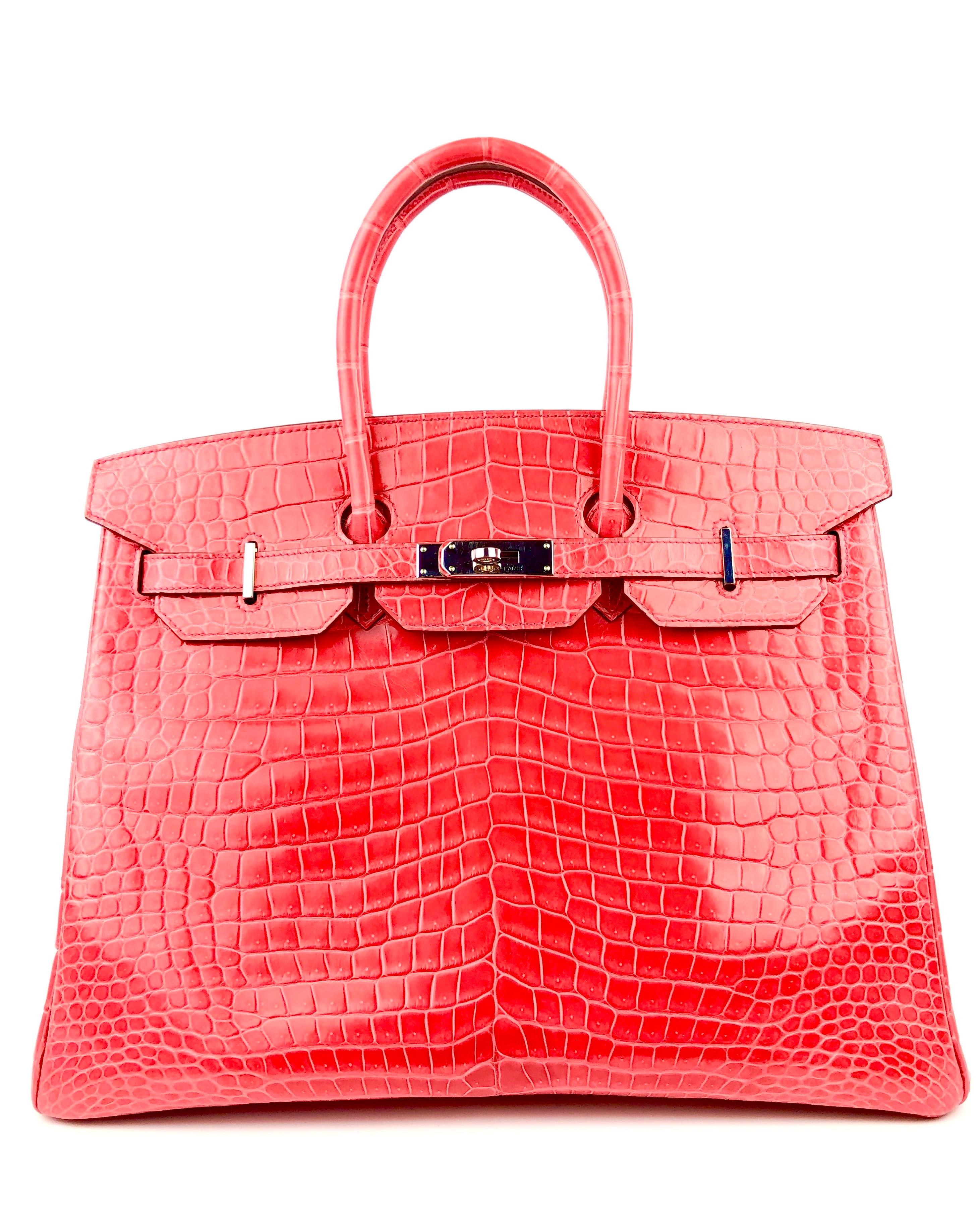 Stunning 2016 X Stamp Hermes Birkin 35 Bougainvillea Red Pink Crocodile Palladium Hardware. Excellent Pristine condition, light hairlines on hardware, excellent corners and structure. 

Shop with Confidence from Lux Addicts. Authenticity Guaranteed! 