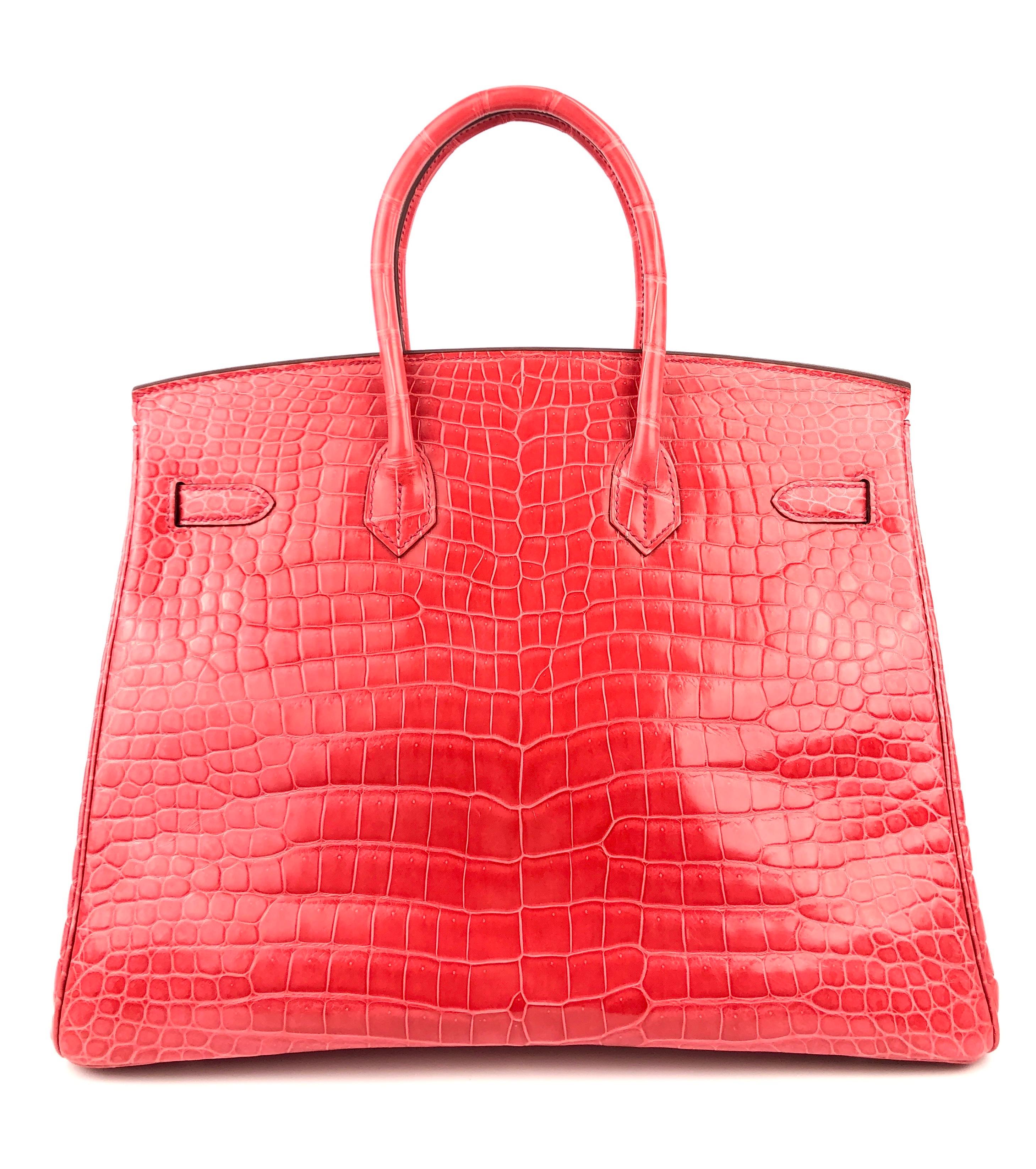 Hermes Birkin 35 cocodrilo brillante buganvilla rojo rosa herrajes paladio 2016 en Excelente Estado en Miami, FL