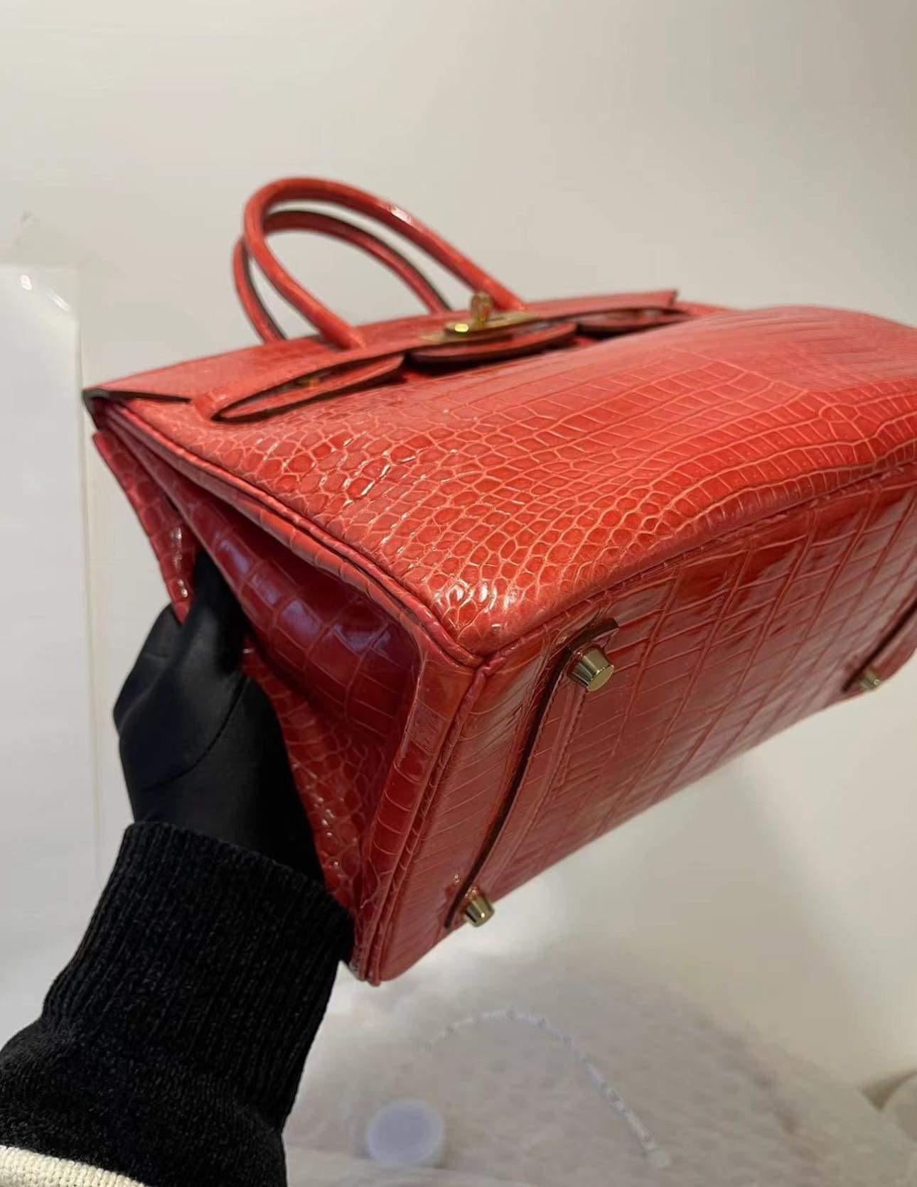 Hermes Birkin 35 Shiny Red Porosus Crocodile Bag with Gold Hardware 1