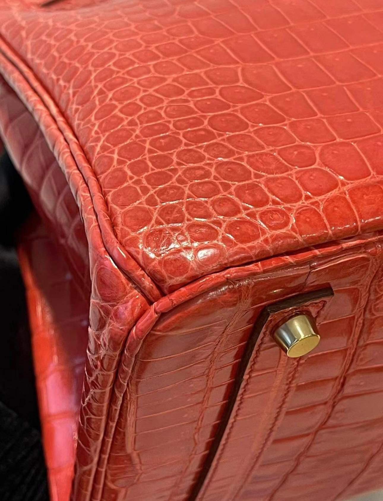 Hermes Birkin 35 Shiny Red Porosus Crocodile Bag with Gold Hardware 3