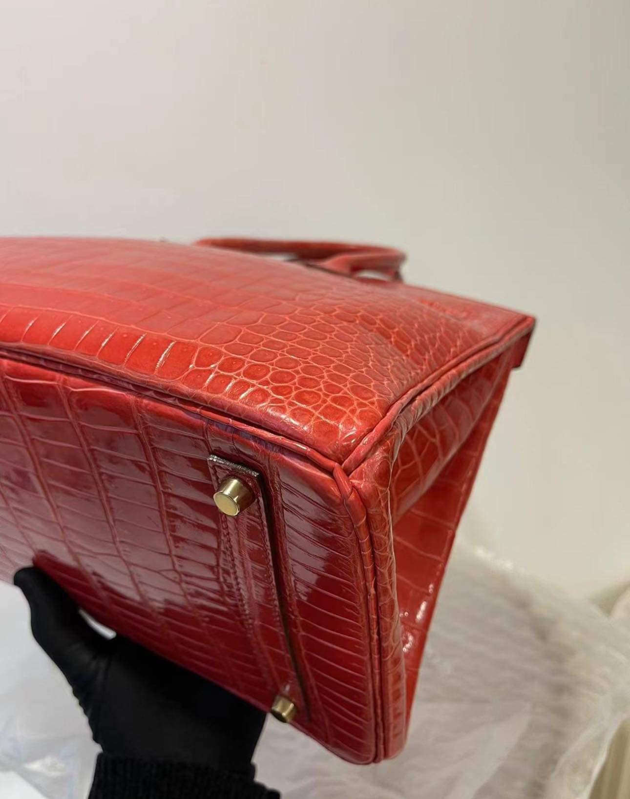 Hermes Birkin 35 Shiny Red Porosus Crocodile Bag with Gold Hardware 5