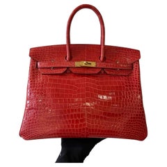 Hermes Birkin 35 Shiny Red Porosus Crocodile Bag with Gold Hardware