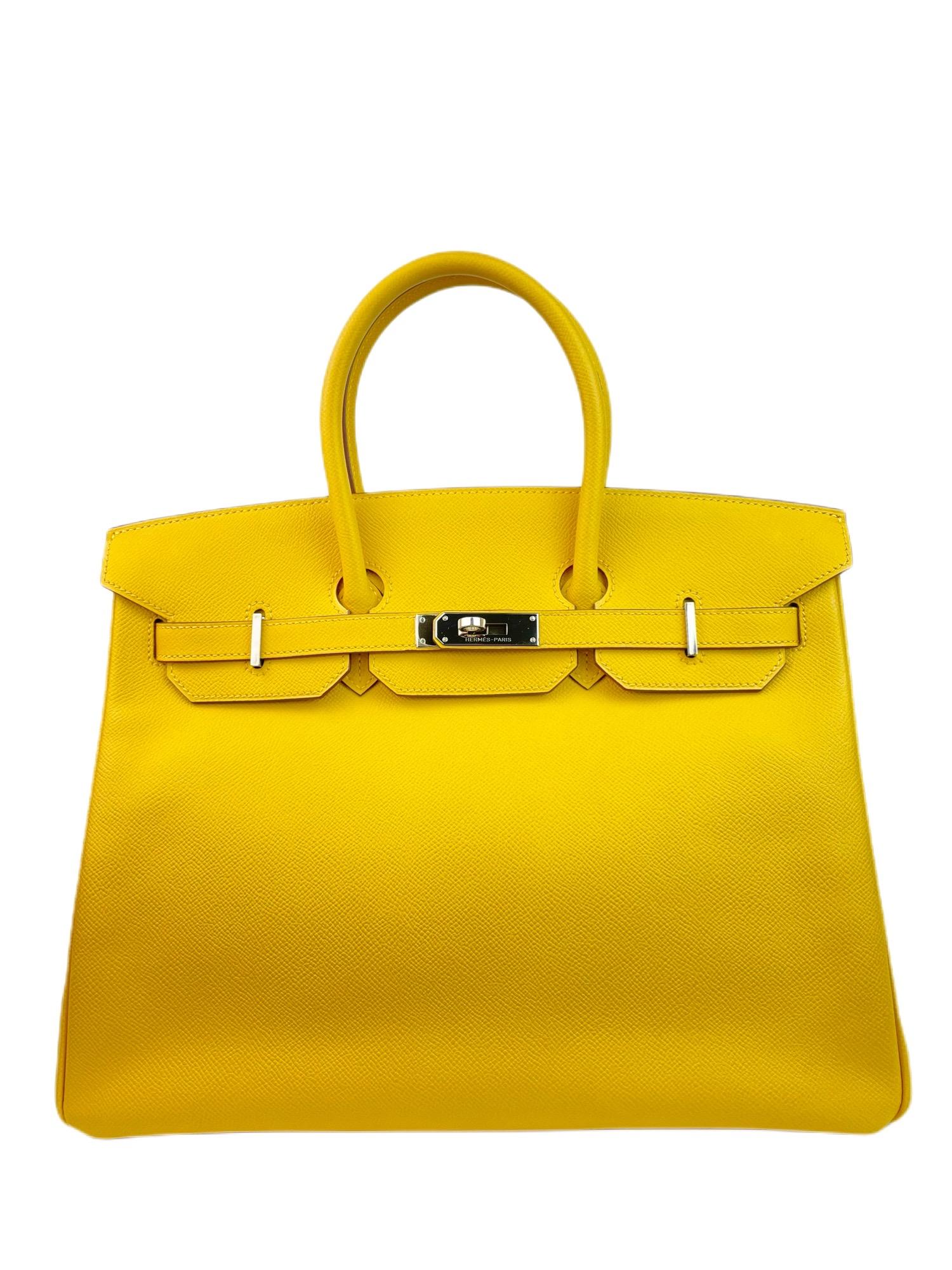 HERMES BIRKIN 35 SOLEIL YELLOW EPSOM PALLADIUM HARDWARE. Excellent condition with Plastic on Hardware of 1 Strap and back plate. Perfect corners and Pristine structure. 

Shop with Confidence from Lux Addicts. Authenticity Guaranteed! 