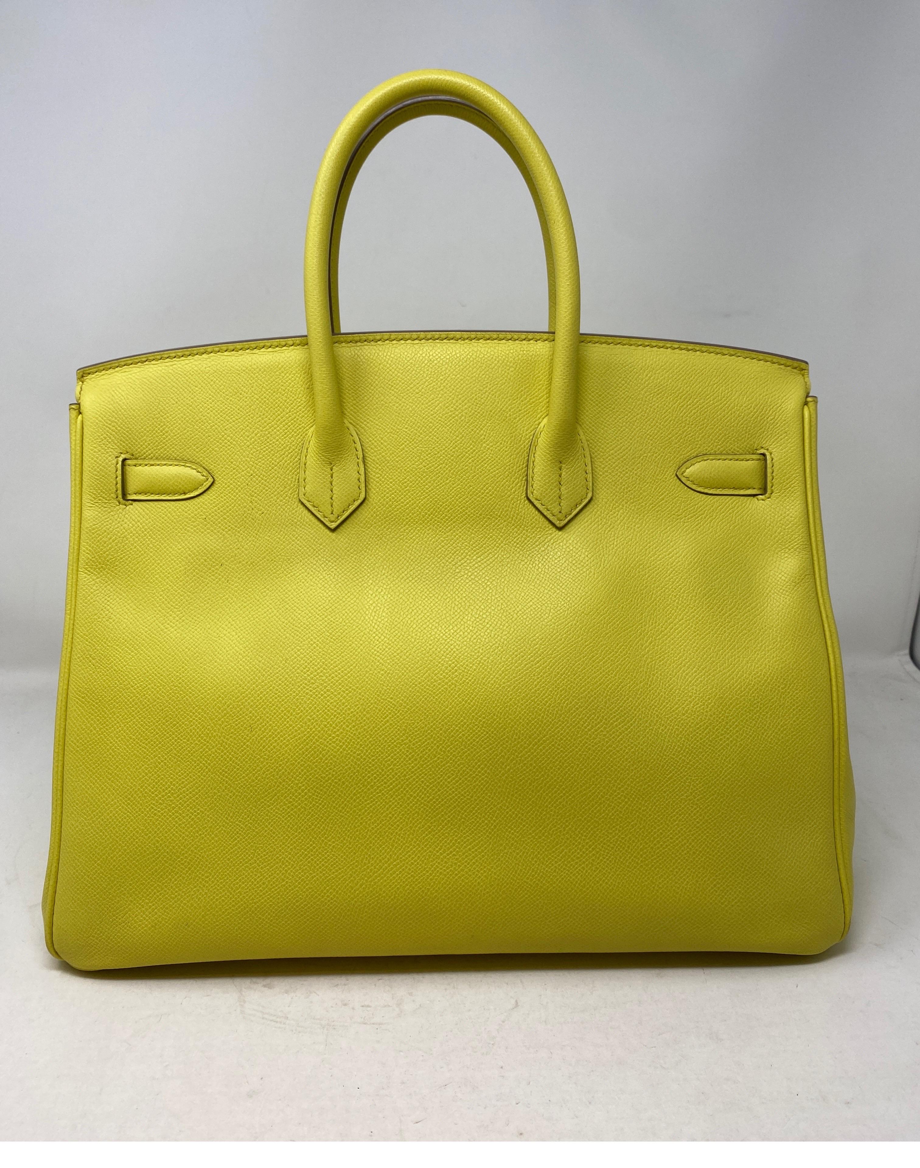 Hermes Birkin Souffre Yellow Birkin Bag. Gold hardware. Good condition. Light yellow color in epsom leather. Rare combination. Includes clochette, lock, keys, and dust cover. Guaranteed authentic. 