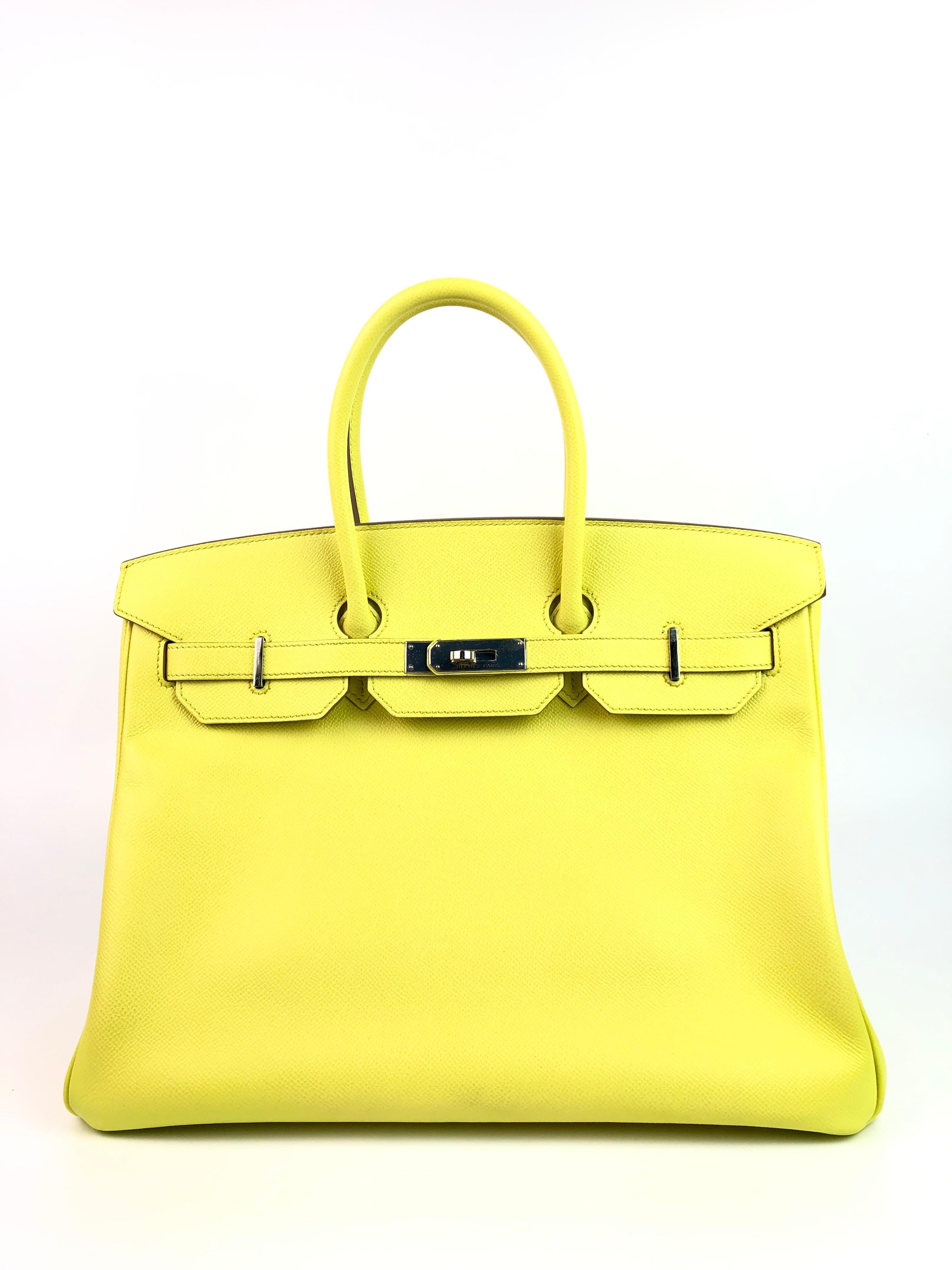 HERMES BIRKIN 35 SOUFRE YELLOW EPSOM PALLADIUM HARDWARE. Excellent condition with Plastic on Hardware, perfect corners and Excellent structure. 

Shop with Confidence from Lux Addicts. Authenticity Guaranteed!