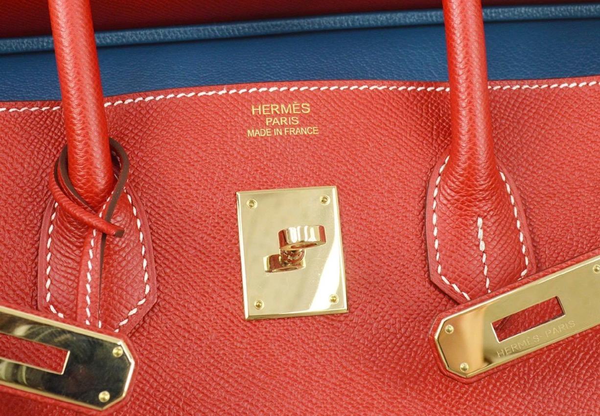 Hermes Birkin 35 Special Order Red Blue Leather Gold Top Handle Tote Bag In Good Condition In Chicago, IL