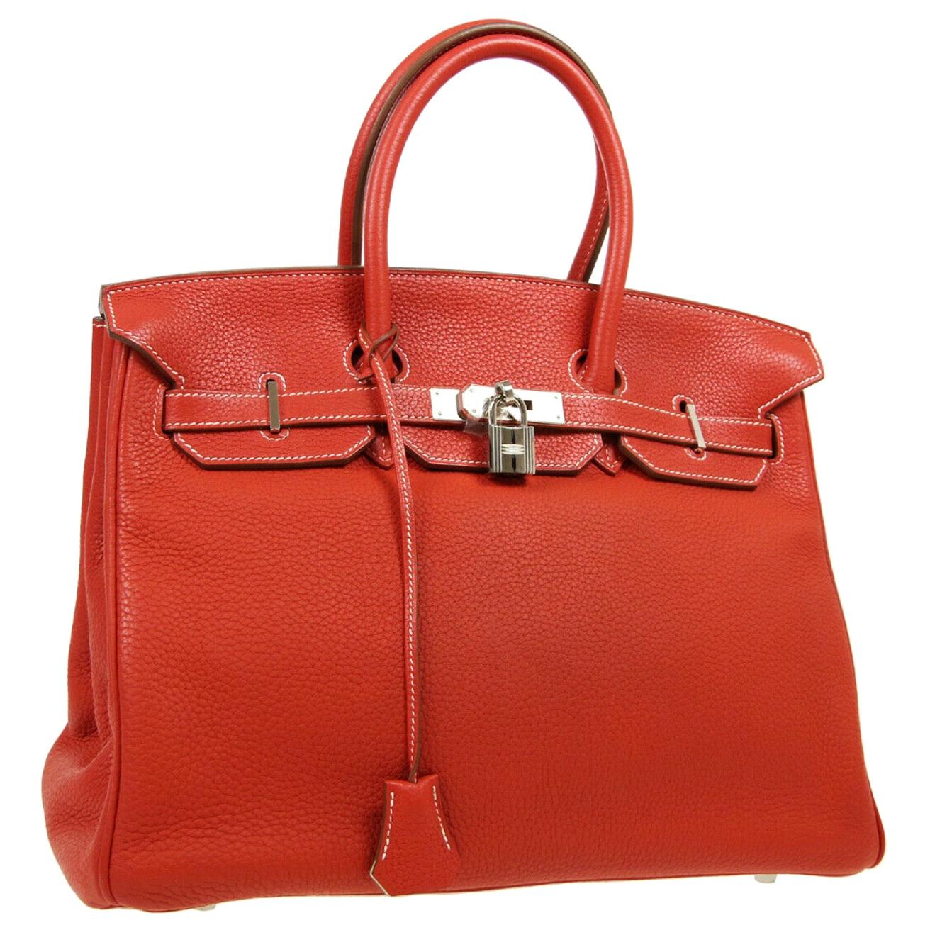 Hermes Birkin 35 Special Order Red White Leather Palladium Top Handle Tote Bag