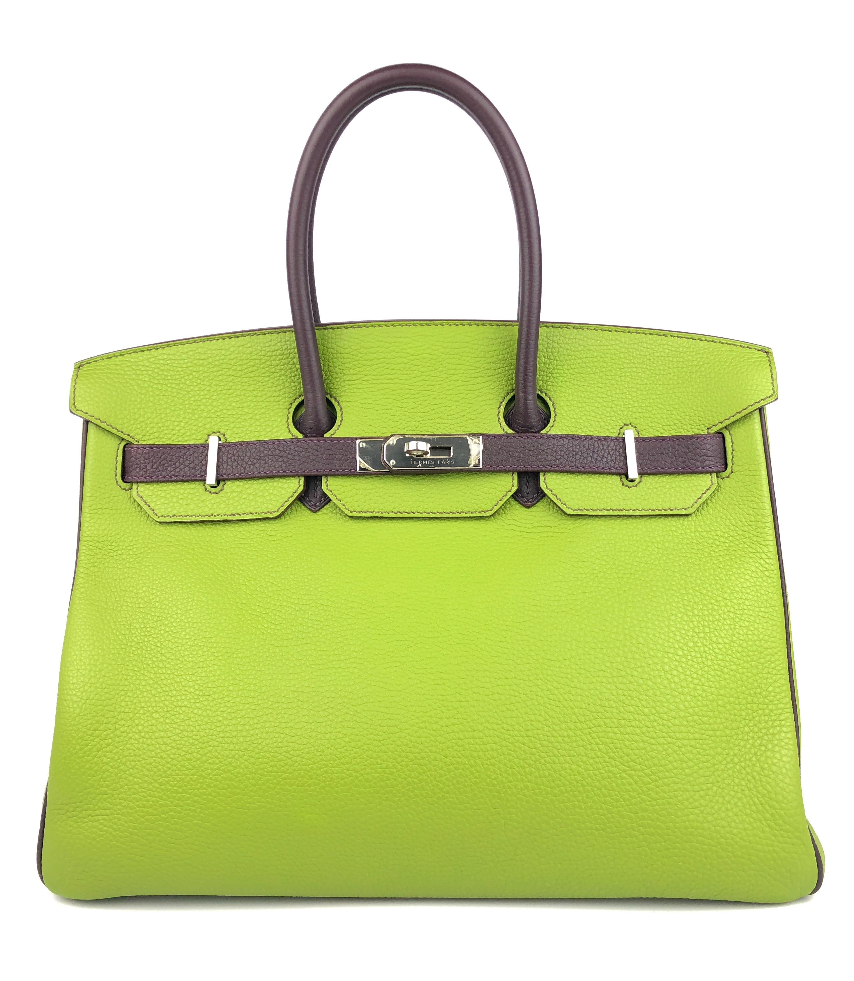 Stunning 1 of 1 Hermes Birkin 35 HSS Special Order Vert Anis Green Raisin Purple Leather Palladium Hardware. Excellent condition plastic on hardware beautiful buttery leather. 

Shop with Confidence from Lux Addicts. Authenticity Guaranteed! 
