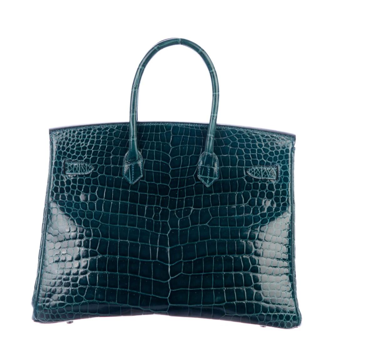 Blue Hermes Birkin 35 Teal Crocodile Palladium Exotic Top Handle Satchel Tote Bag 