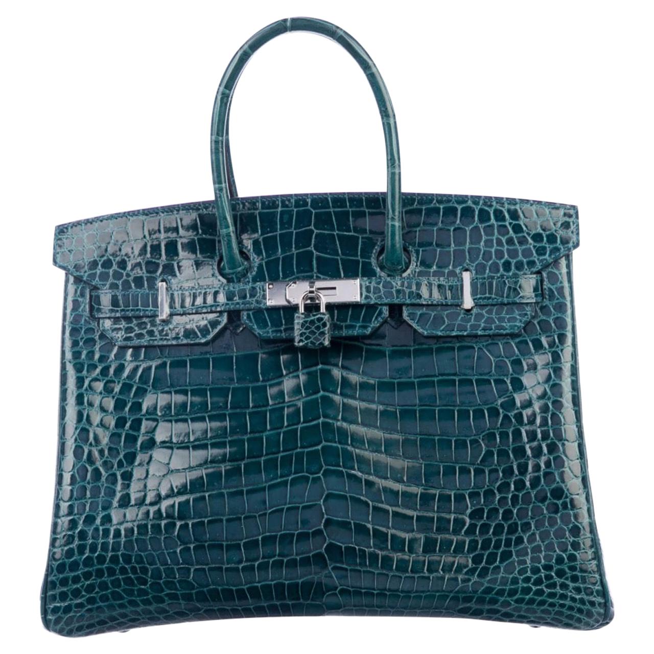 Hermes Birkin 35 Teal Crocodile Palladium Exotic Top Handle Satchel Tote Bag 