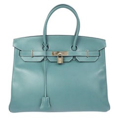 Hermes Birkin 35 Tiffany Blue Leather Top Handle Satchel Travel Shoulder Bag