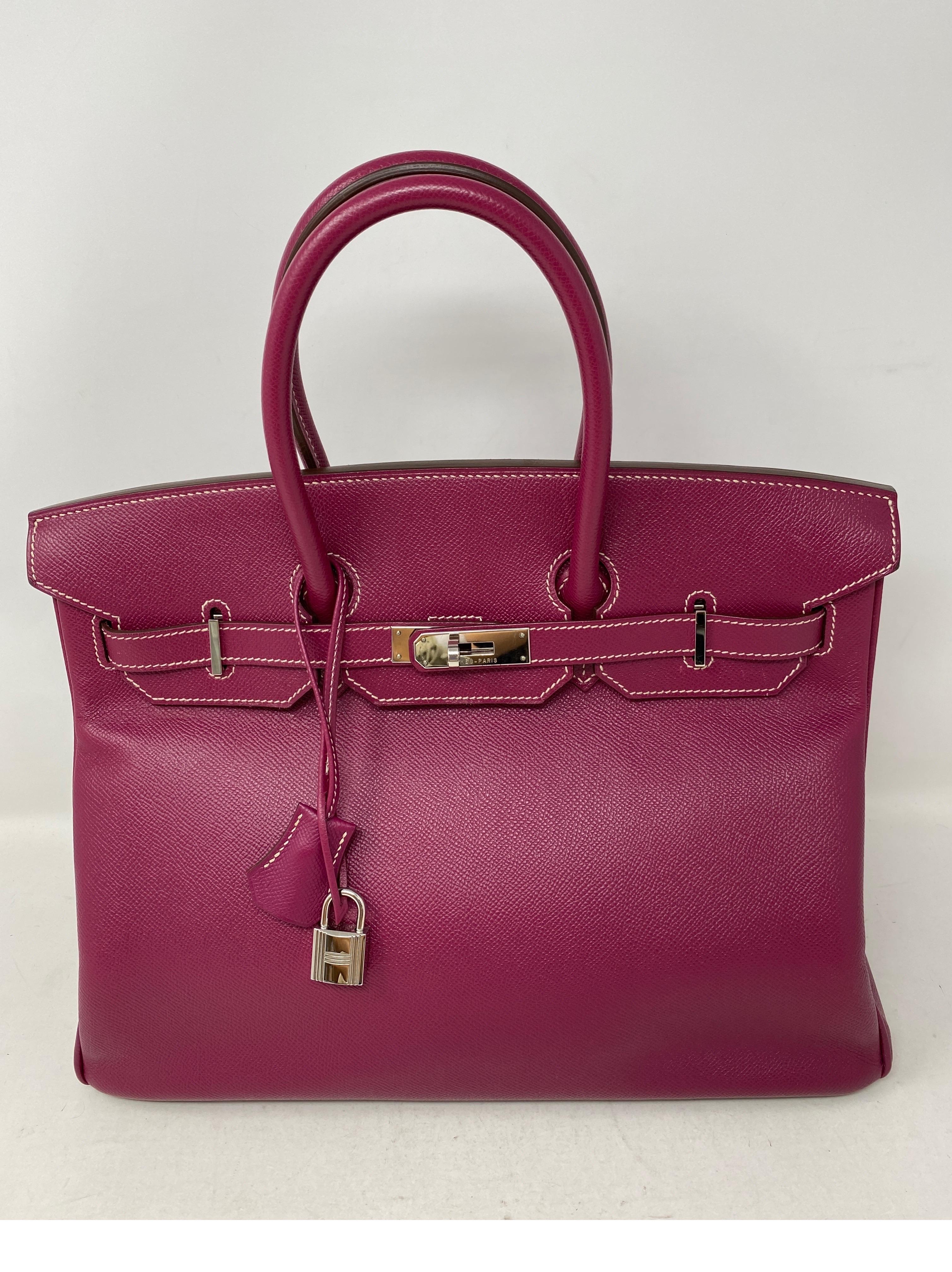 Hermes Birkin Tosca and Rose Tyrien interior Candy Bag. Birkin 35 size. Palladium hardware. Plastic still on hardware. Excellent condition. Beautiful purple pink color with hot pink interior. Investment bag. O stamp. Includes clochette, lock, keys,