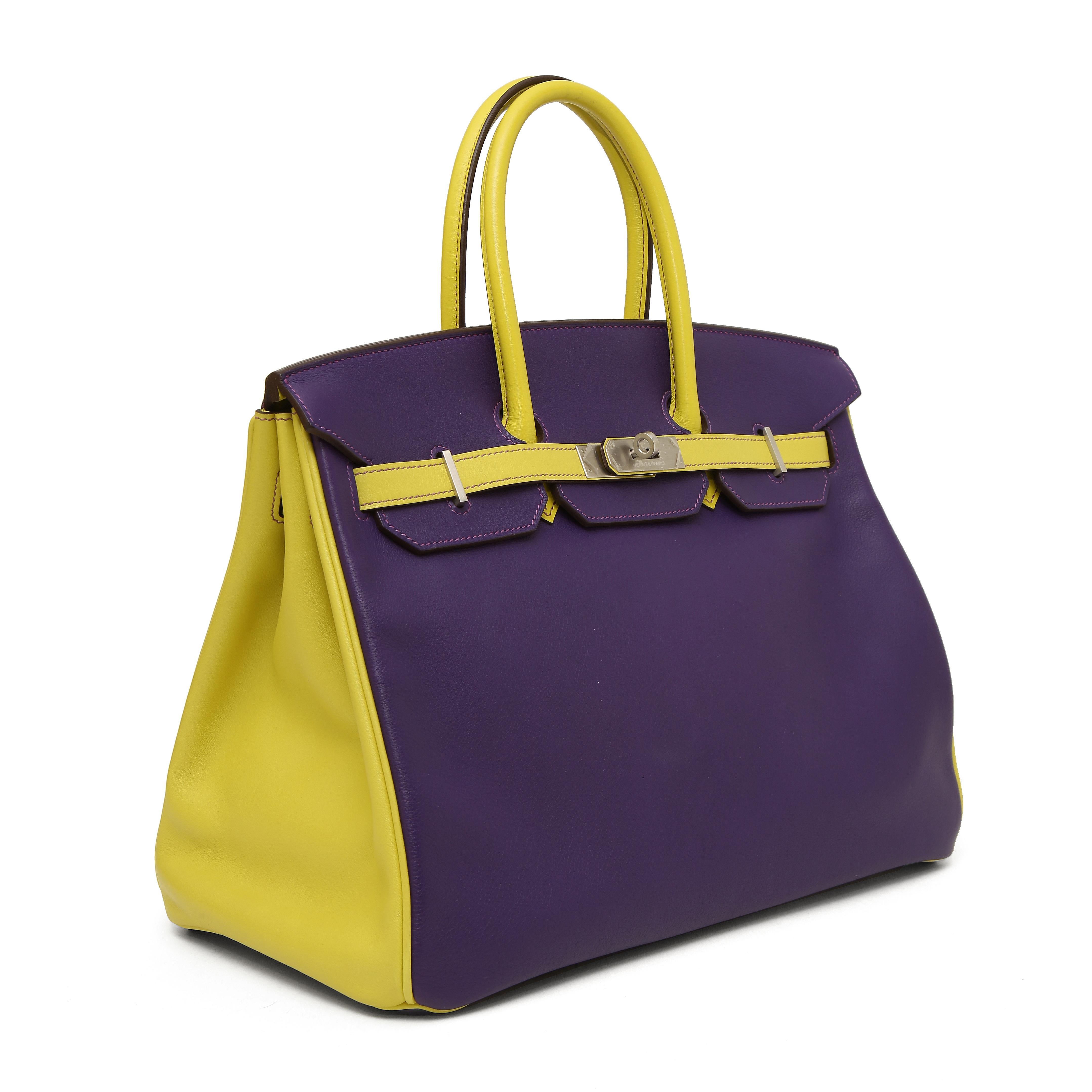 Hermès Birkin 35 ultra violet yellow lime
Measurements:
Width: 35 cm
Height: 25 cm
Depth: 18 cm
Stamp : P 
no defects 
No box, no invoice
Packaging: Dustbag 