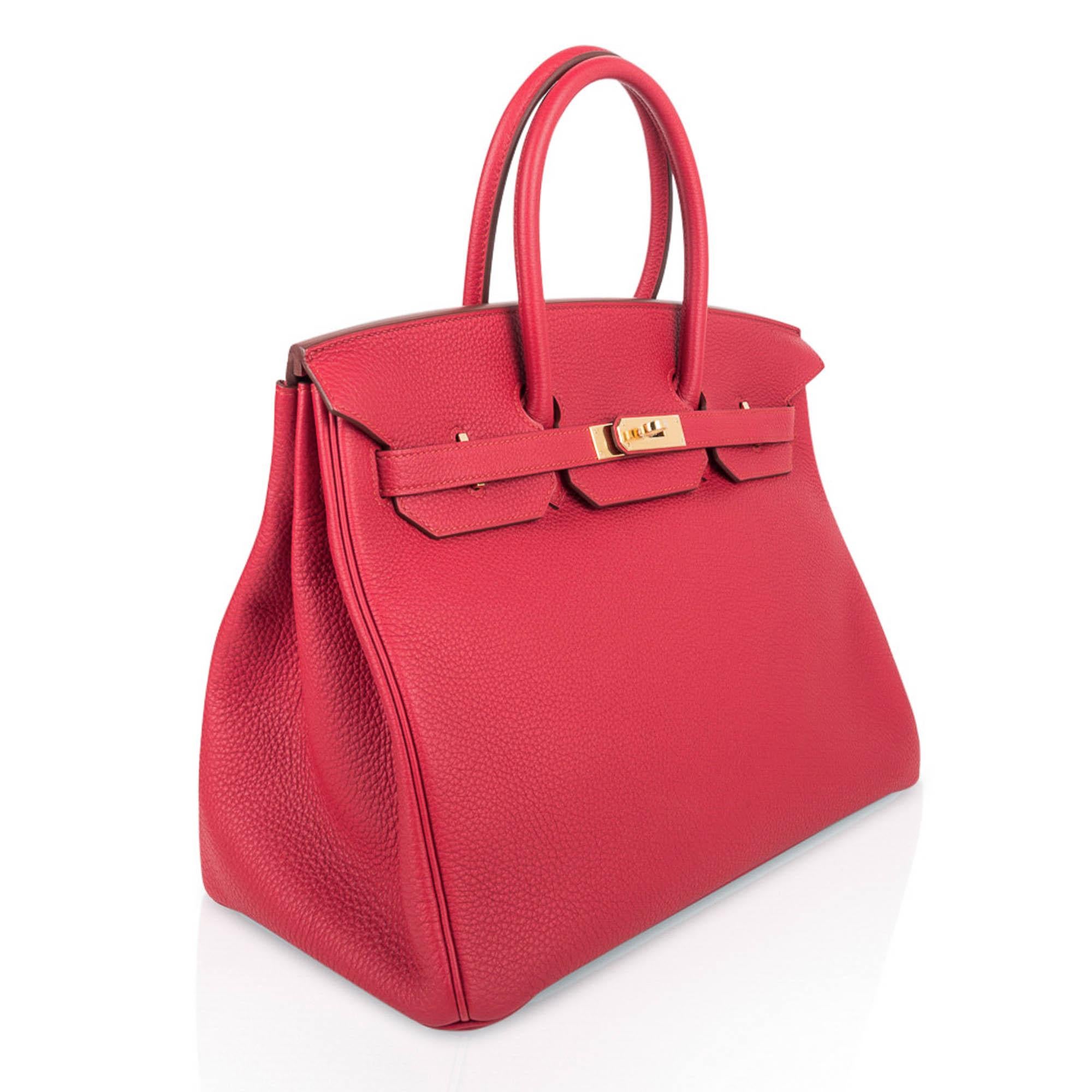 Mightychic offers an Hermes Birkin 35 bag featured in Vermillion.
Unique warm red tone - is lush with gold hardware.
Togo leather is scratch resistant.
NEW or NEVER WORN. 
Comes with lock, keys, clochette, sleepers, raincoat and signature Hermes box