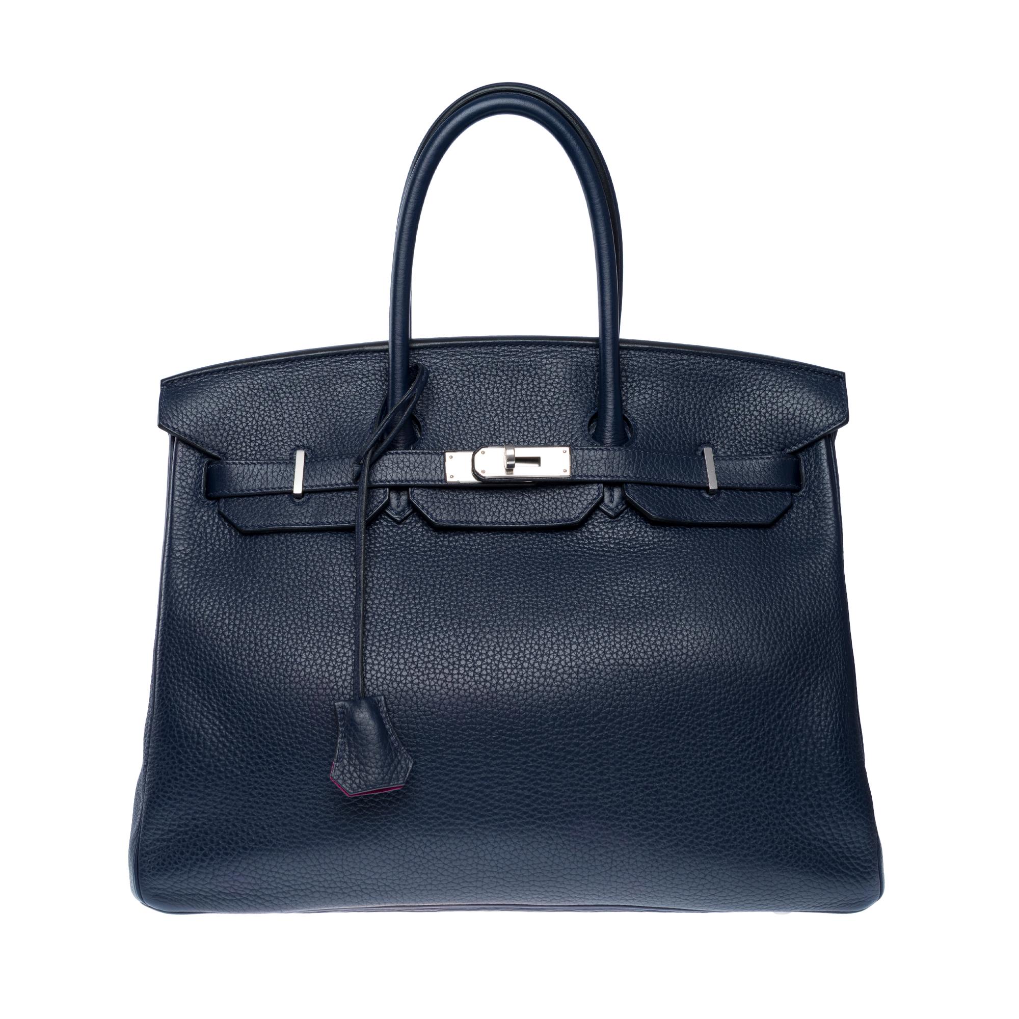 Black Hermès Birkin 35 Verso handbag in Bleu nuit Togo leather & Pink interior , PHW For Sale