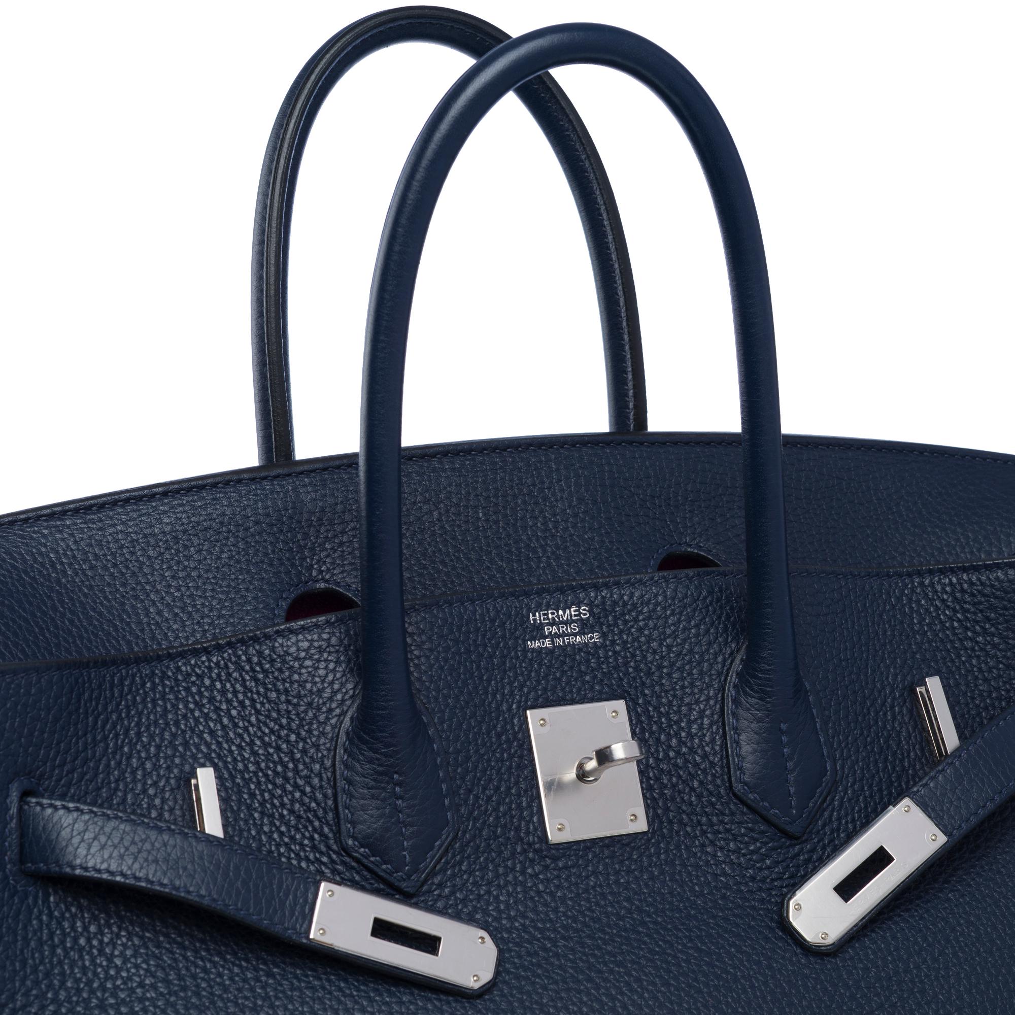 Hermès Birkin 35 Verso handbag in Bleu nuit Togo leather & Pink interior , PHW For Sale 2