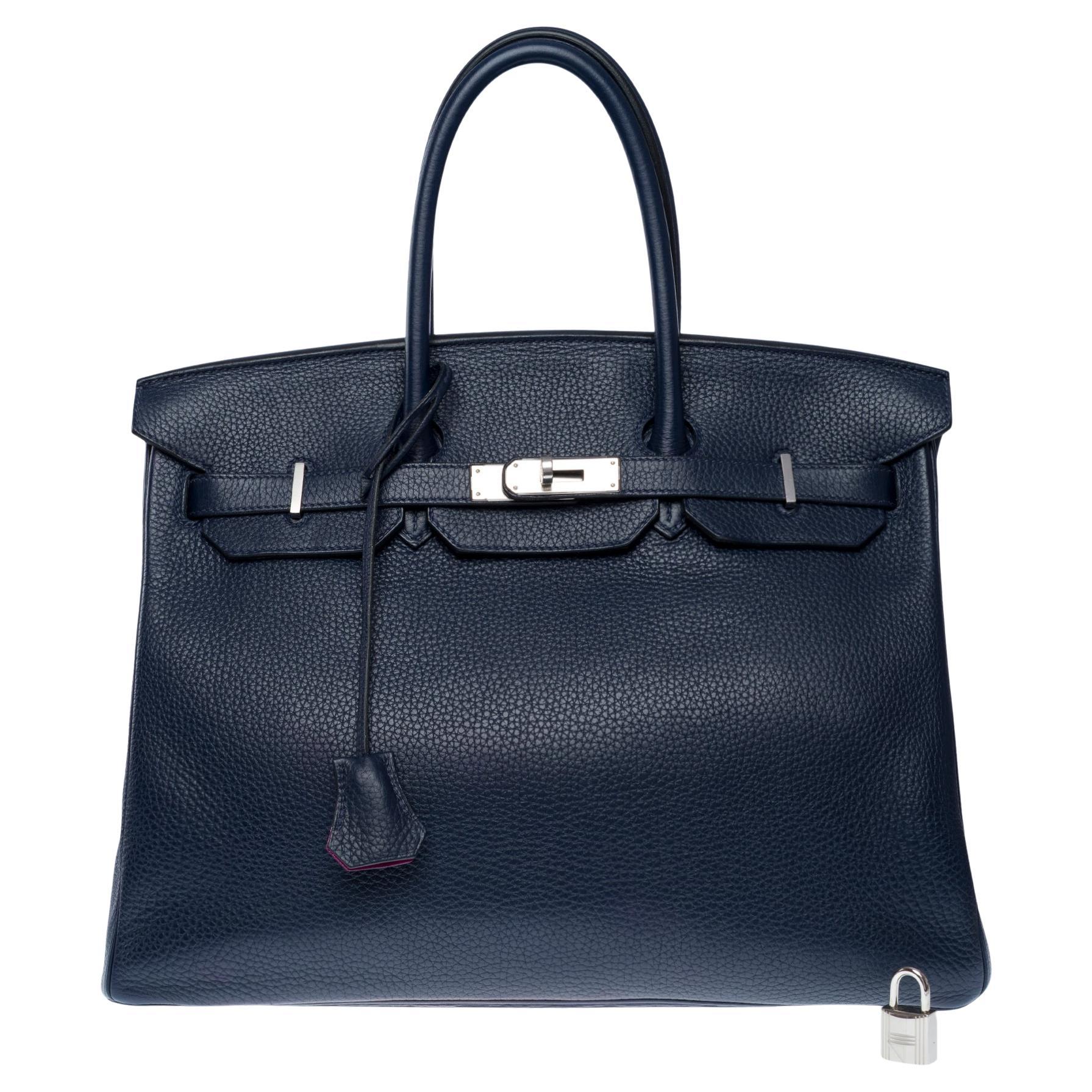 Hermès Birkin 35 Verso handbag in Bleu nuit Togo leather & Pink interior , PHW For Sale
