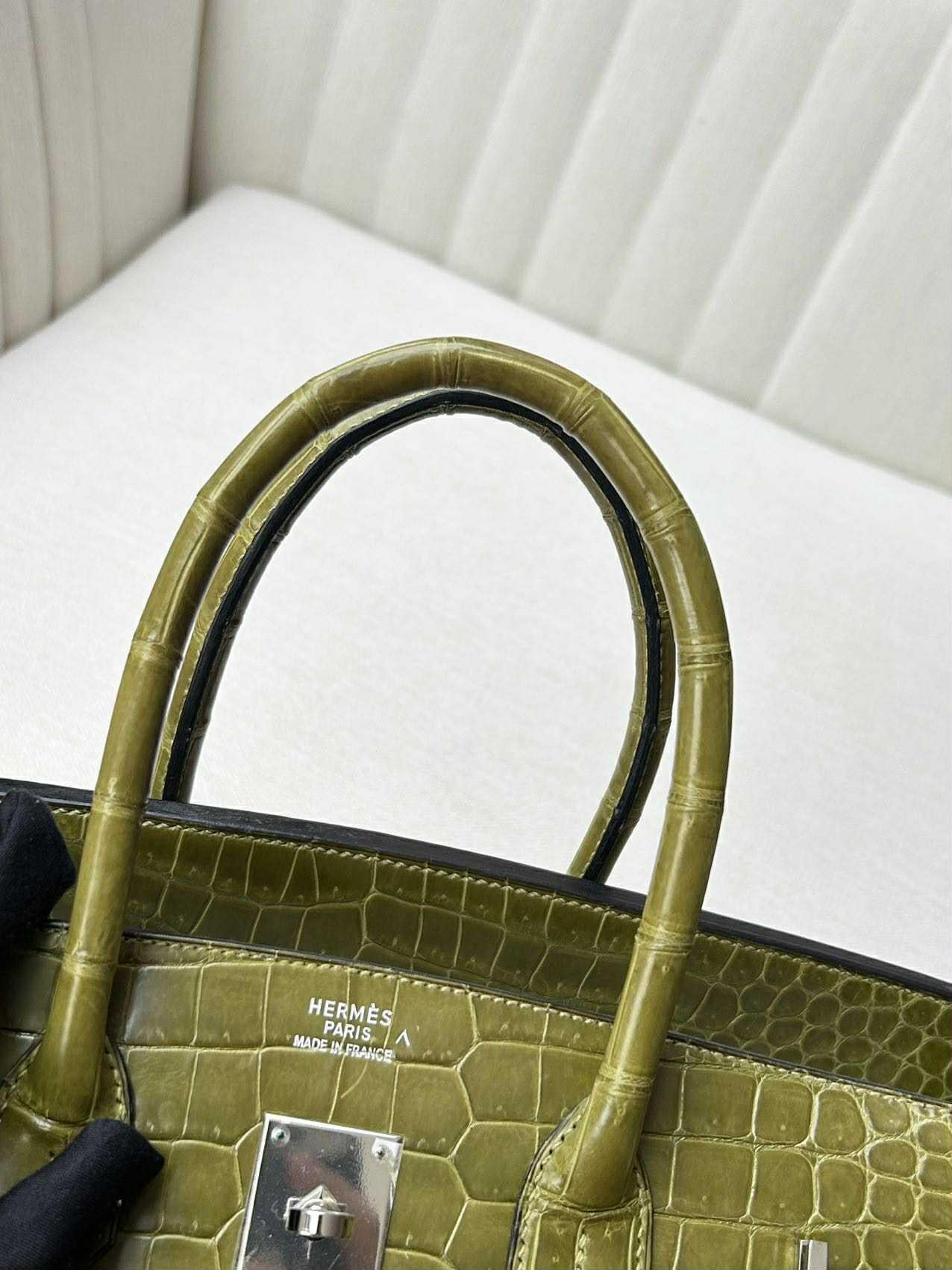 Hermes Birkin 35 Vert Anis Grün Glänzend Porosus Krokodil Tasche PHW im Angebot 7