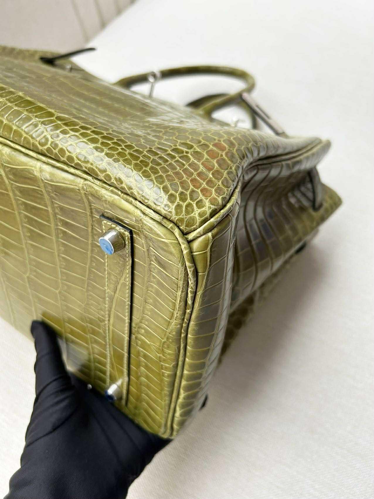 Hermes Birkin 35 Vert Anis Grün Glänzend Porosus Krokodil Tasche PHW im Angebot 3