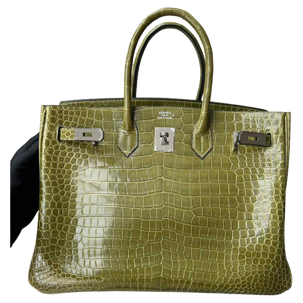 Hermes Birkin 35 Vert Anis Grün Glänzend Porosus Krokodil Tasche PHW im Angebot