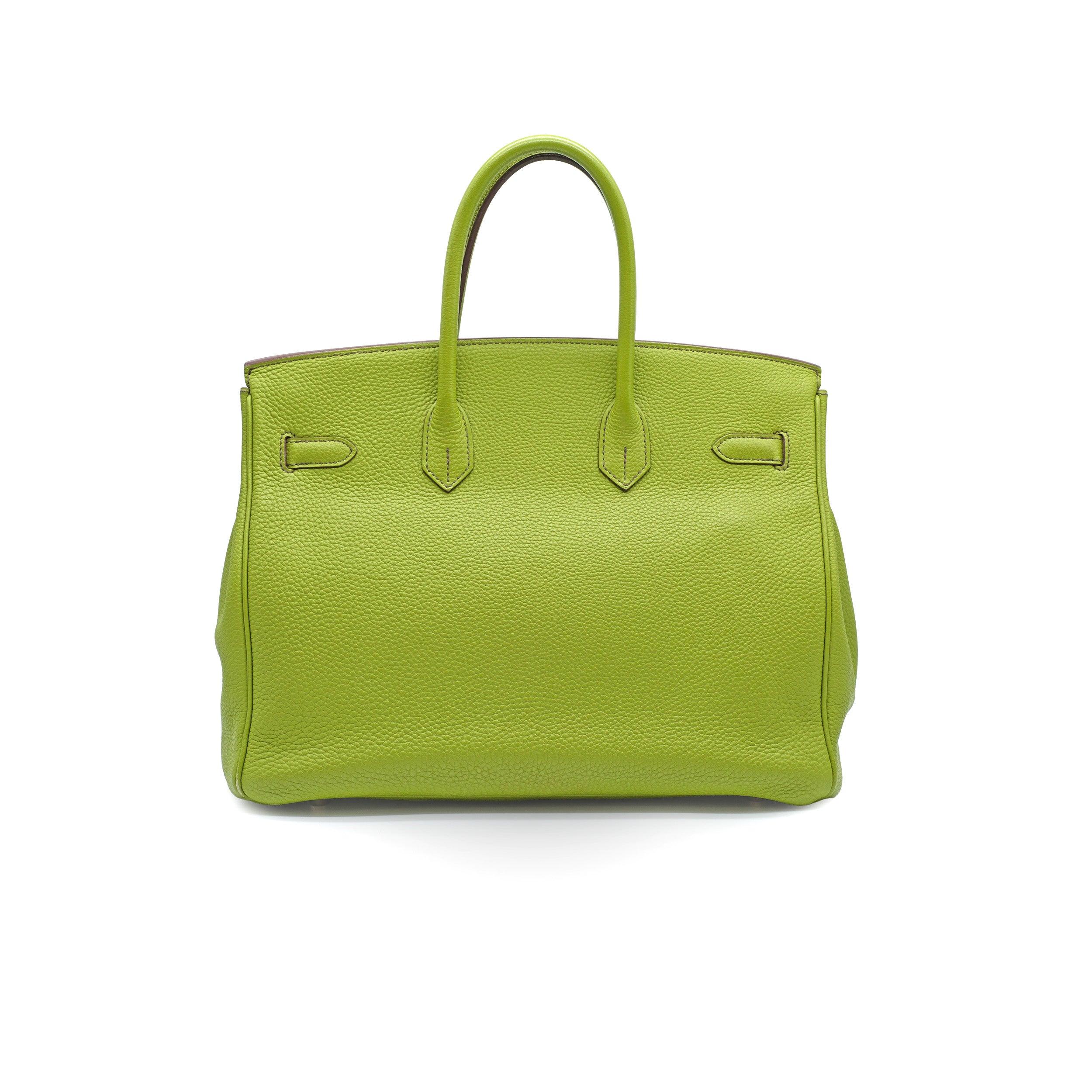 Crafted from the Togo leather, this Hermès Birkin 35 in Vert Anis showcases superior quality and sophisticated style of the iconic bag. It features shiny silver palladium hardware, including a twist lock, padlock and key clochette. The top flap