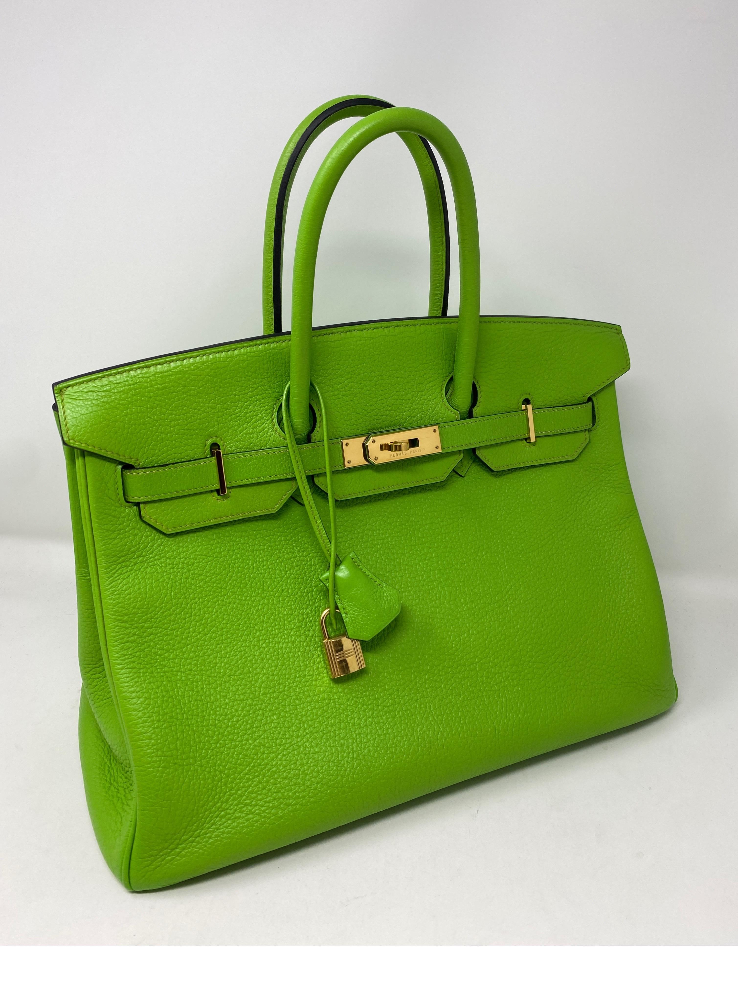 Hermes Birkin 35 Vert Cru Bag. Gold hardware. Beautiful lime green bag in clemence leather. G square stamp. Good condition. Gold and green combo is stunning. Includes clochette, lock, keys, and dust cover. Guaranteed authentic. 
