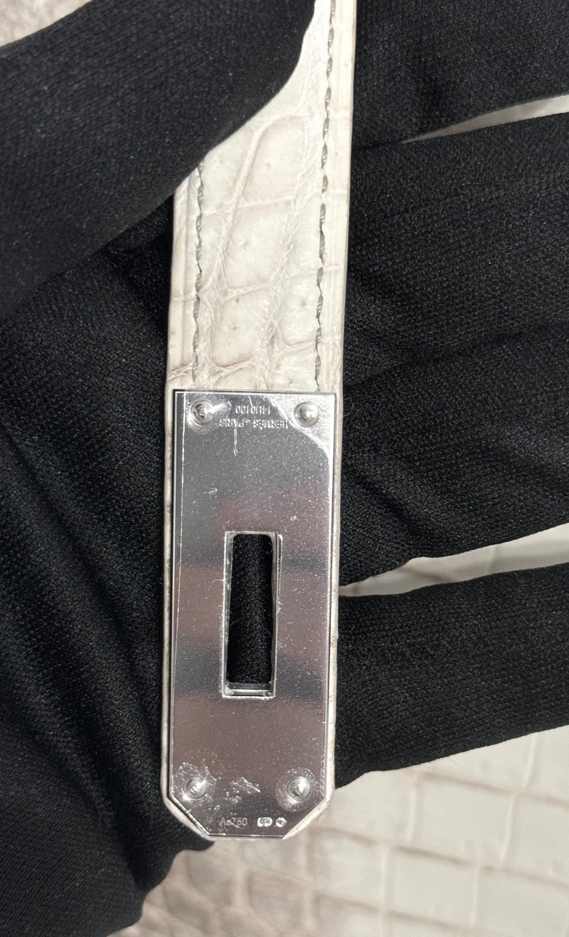 Hermes Birkin 35 White Matte Crocodile Diamond Himalayan 18K White Gold Hardware For Sale 5
