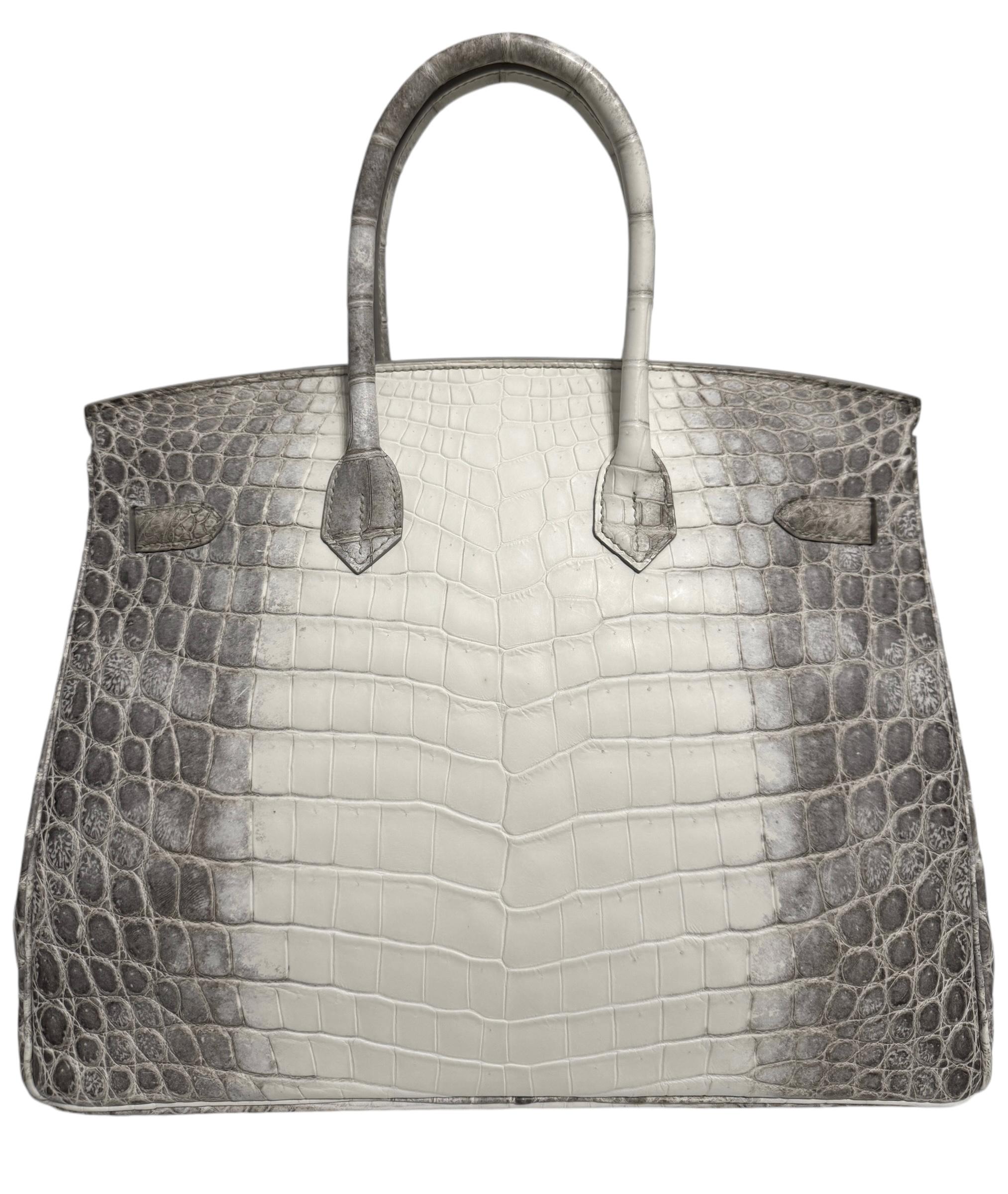 Hermes Birkin 35 White Matte Crocodile Diamond Himalayan 18K White Gold Hardware For Sale 7