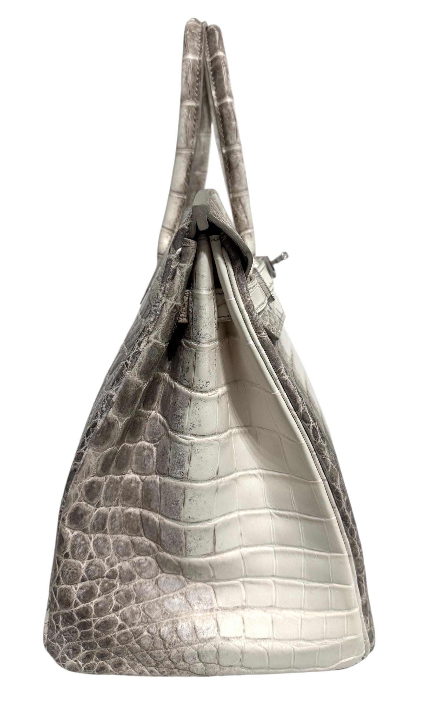 Hermes Birkin 35 White Matte Crocodile Diamond Himalayan 18K White Gold Hardware For Sale 8