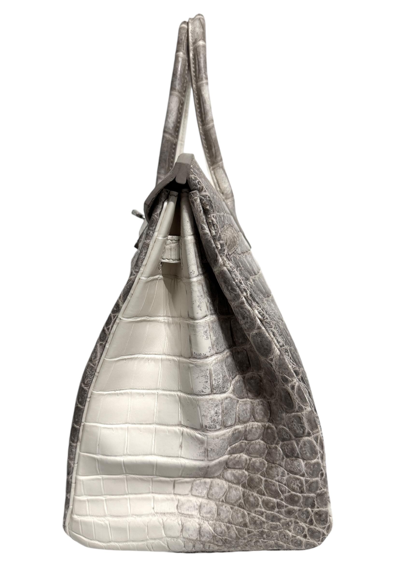 Hermes Birkin 35 White Matte Crocodile Diamond Himalayan 18K White Gold Hardware For Sale 9