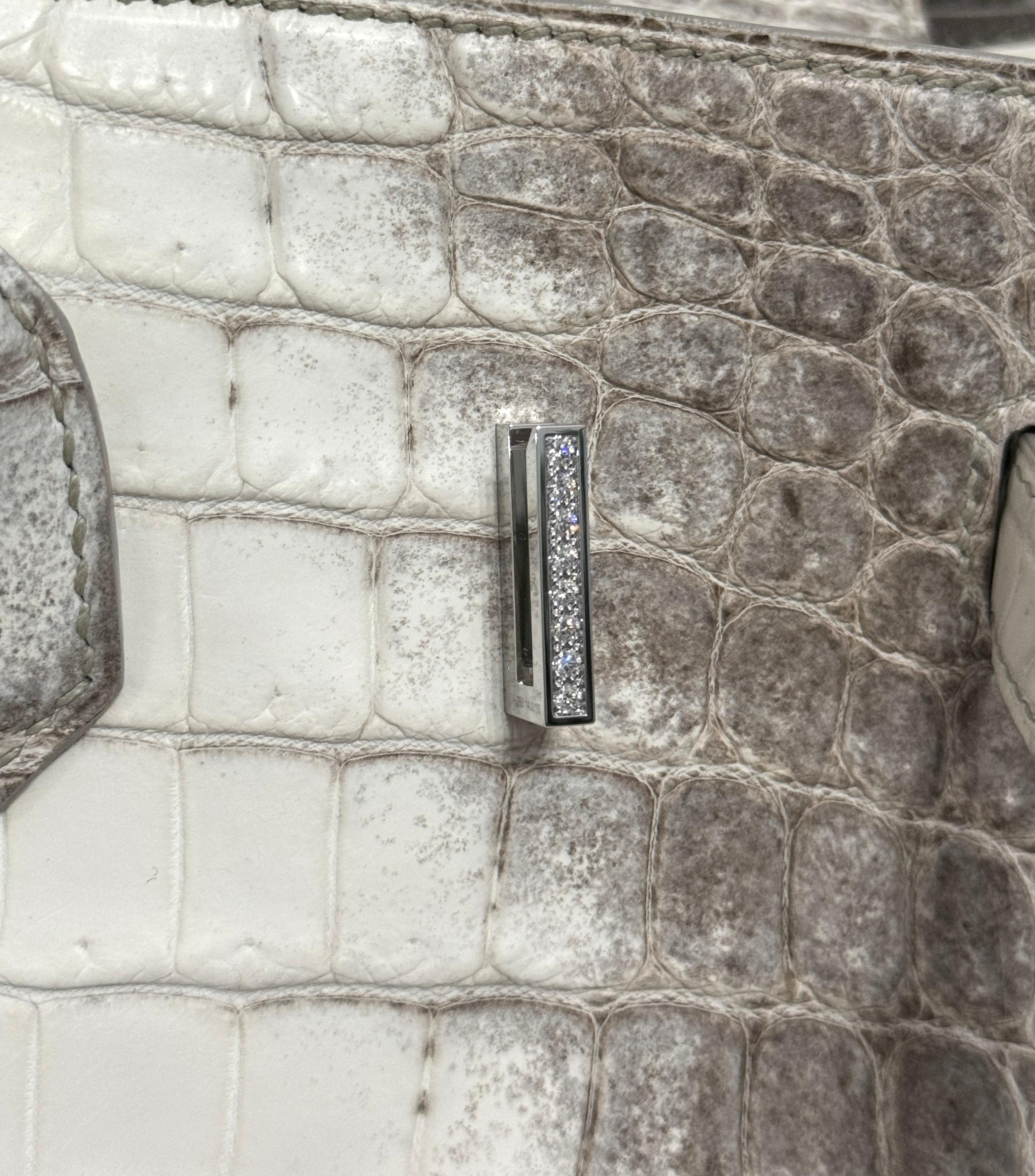 Gray Hermes Birkin 35 White Matte Crocodile Diamond Himalayan 18K White Gold Hardware For Sale