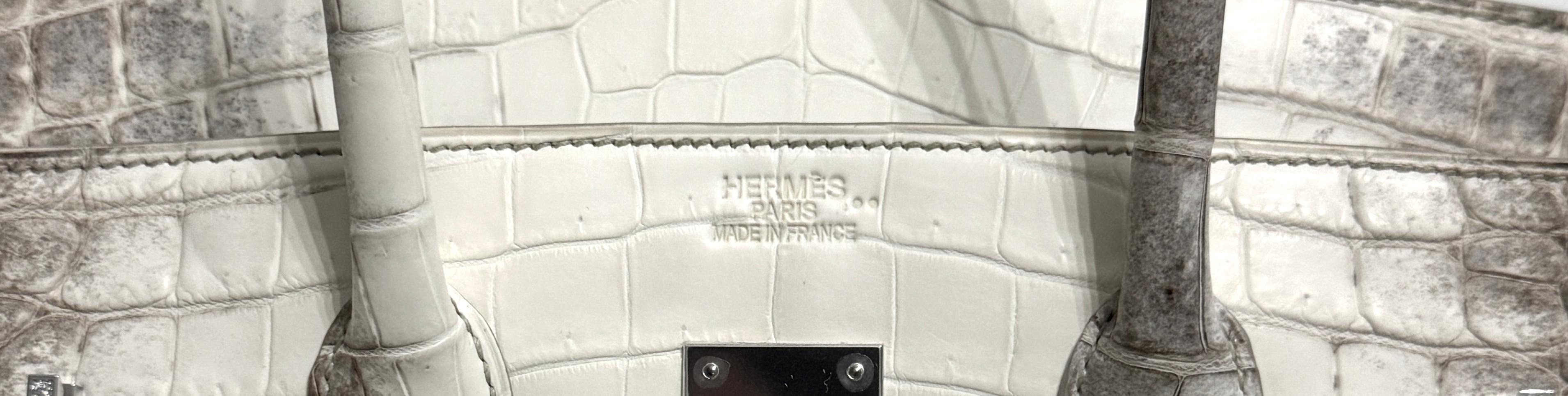 Hermes Birkin 35 White Matte Crocodile Diamond Himalayan 18K White Gold Hardware For Sale 2