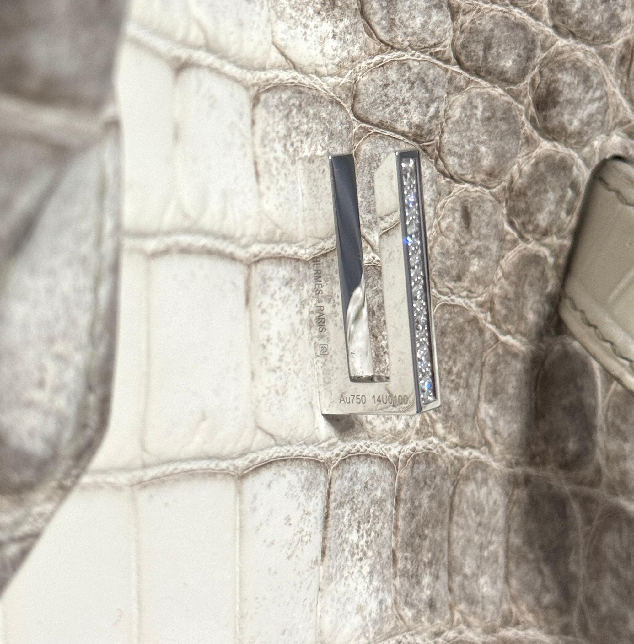 Hermes Birkin 35 White Matte Crocodile Diamond Himalayan 18K White Gold Hardware For Sale 3