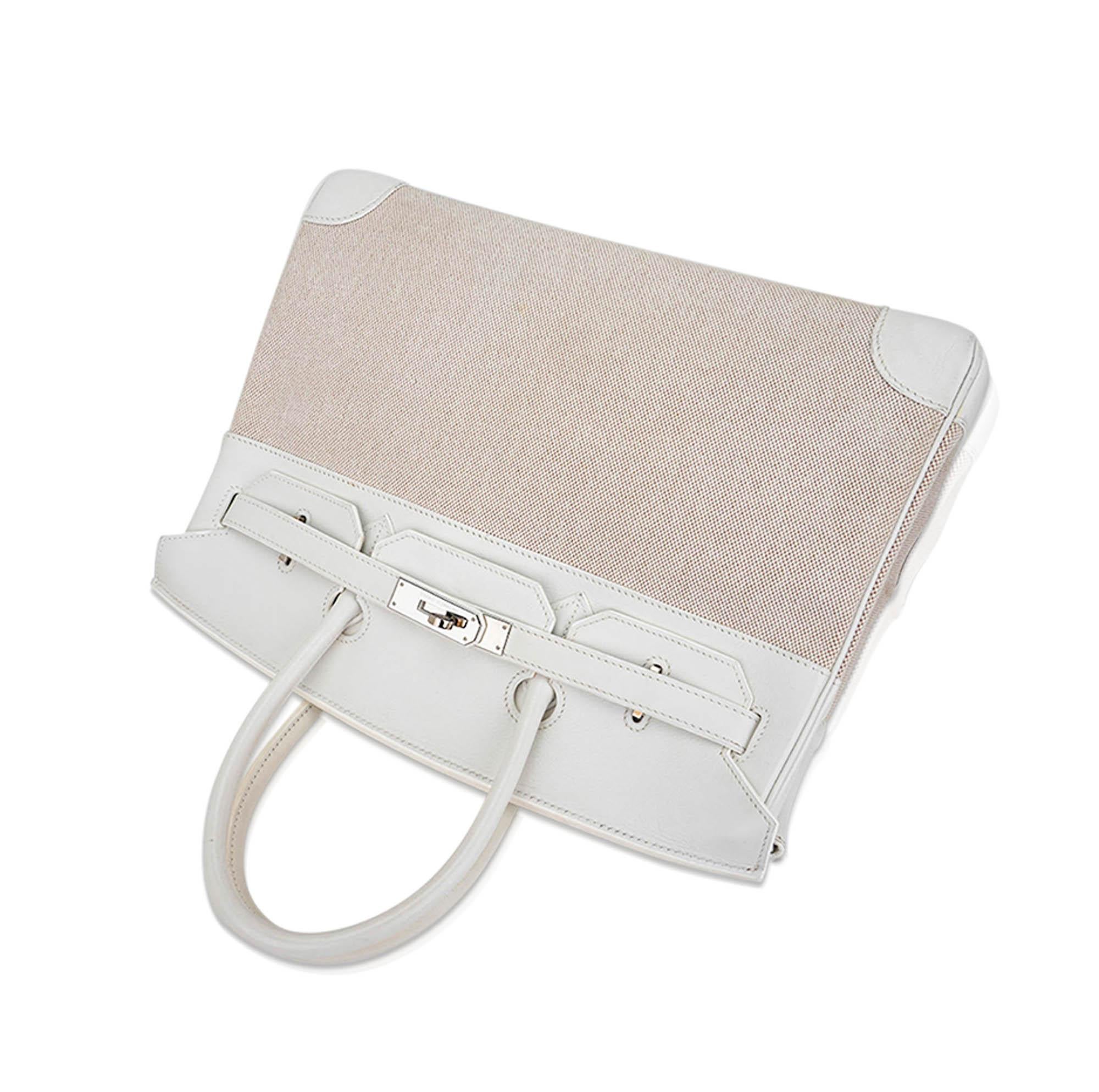 Hermes Birkin 35 White Toile Bag Swift Leather Palladium  For Sale 2