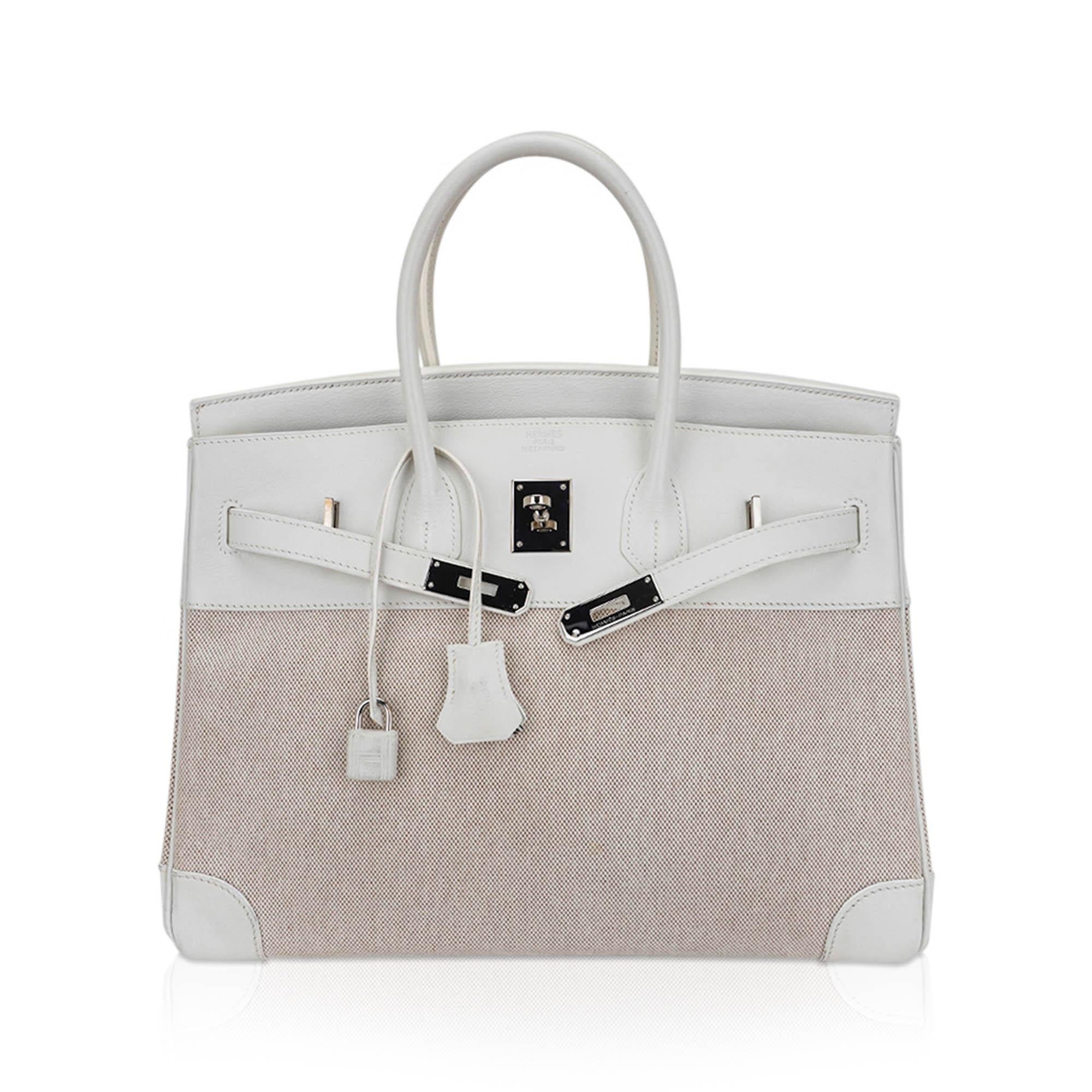 Gris Hermes Birkin 35 White Toile Bag Swift Leather Palladium  en vente
