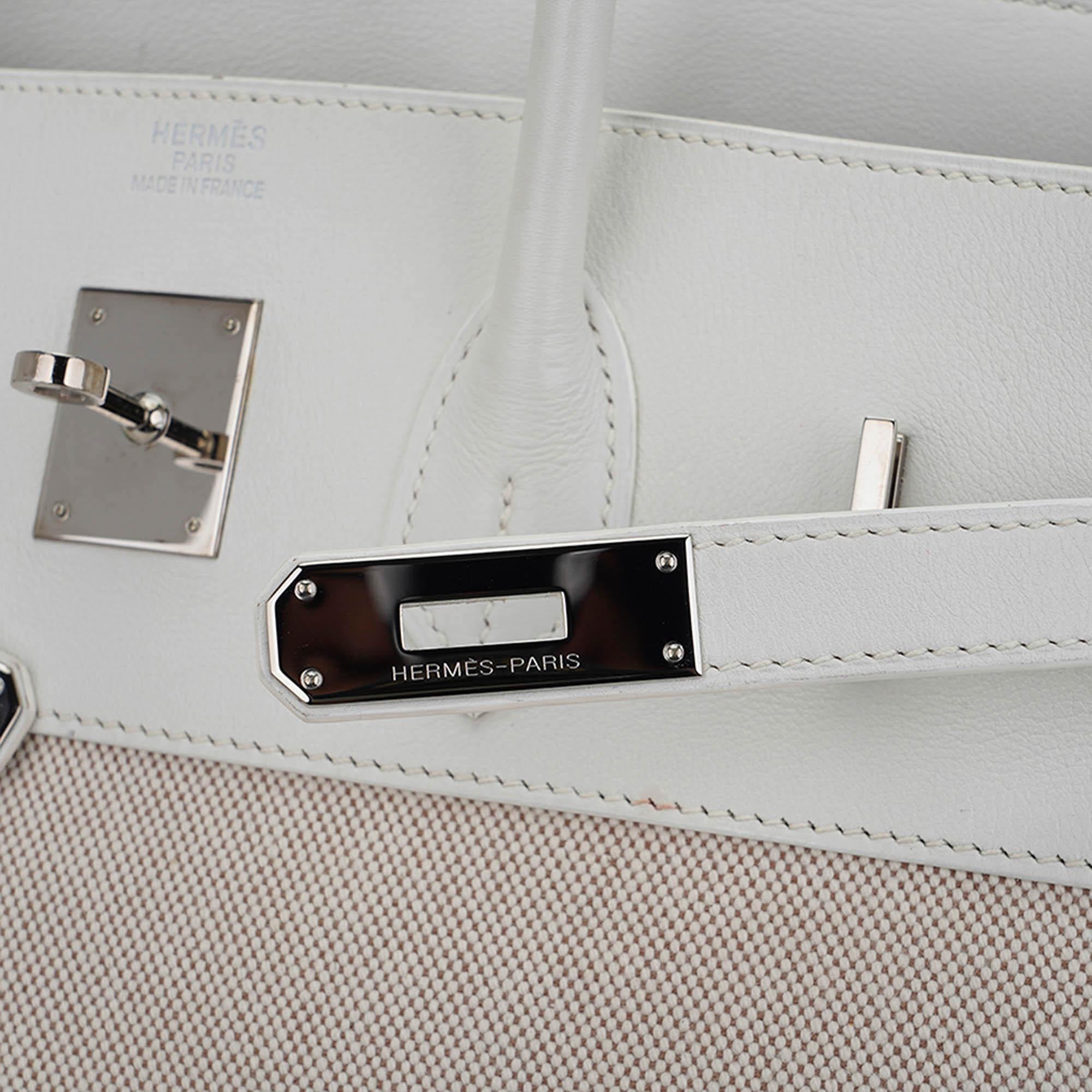 Women's Hermes Birkin 35 White Toile Bag Swift Leather Palladium  For Sale