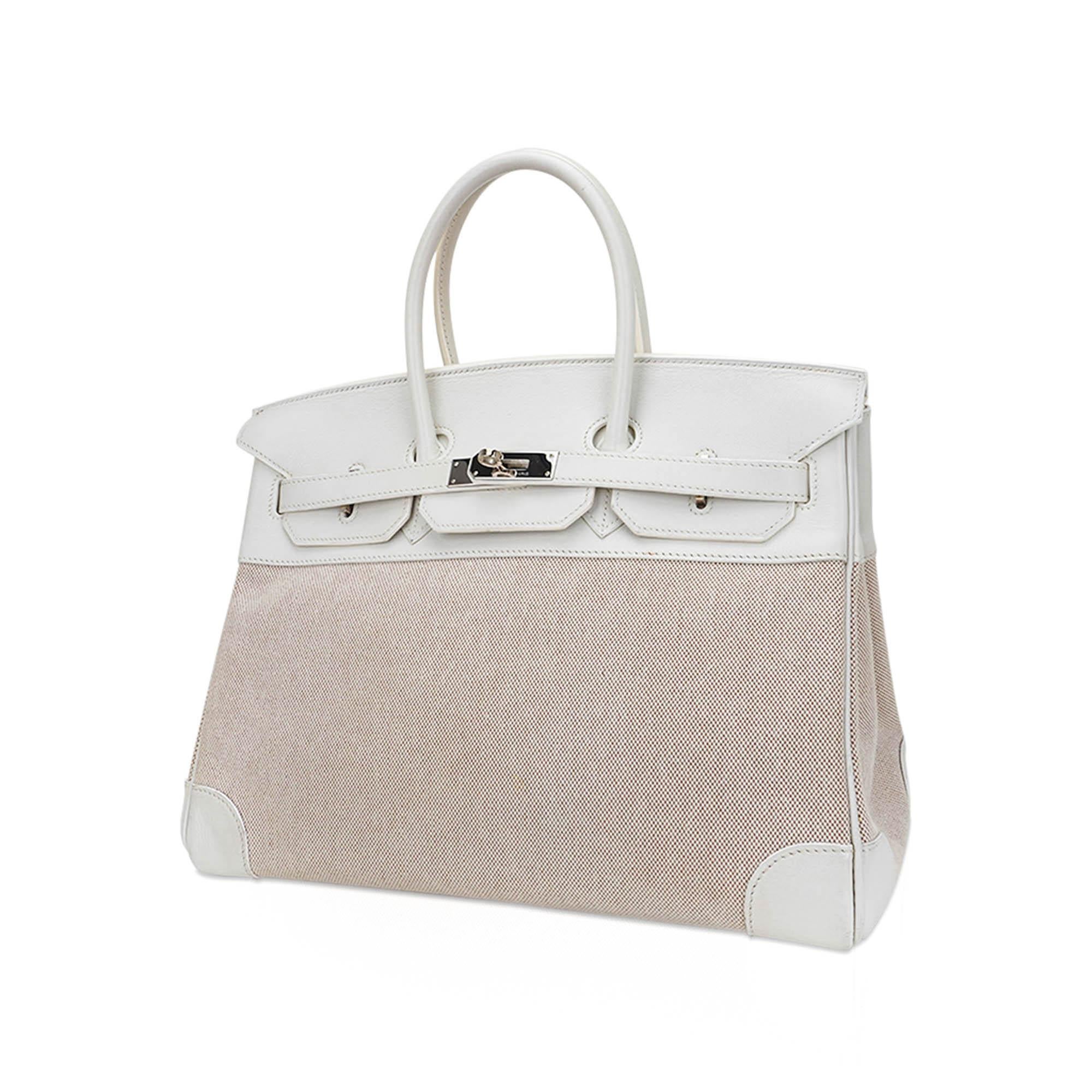 Hermes Birkin 35 White Toile Bag Swift Leather Palladium  Bon état - En vente à Miami, FL
