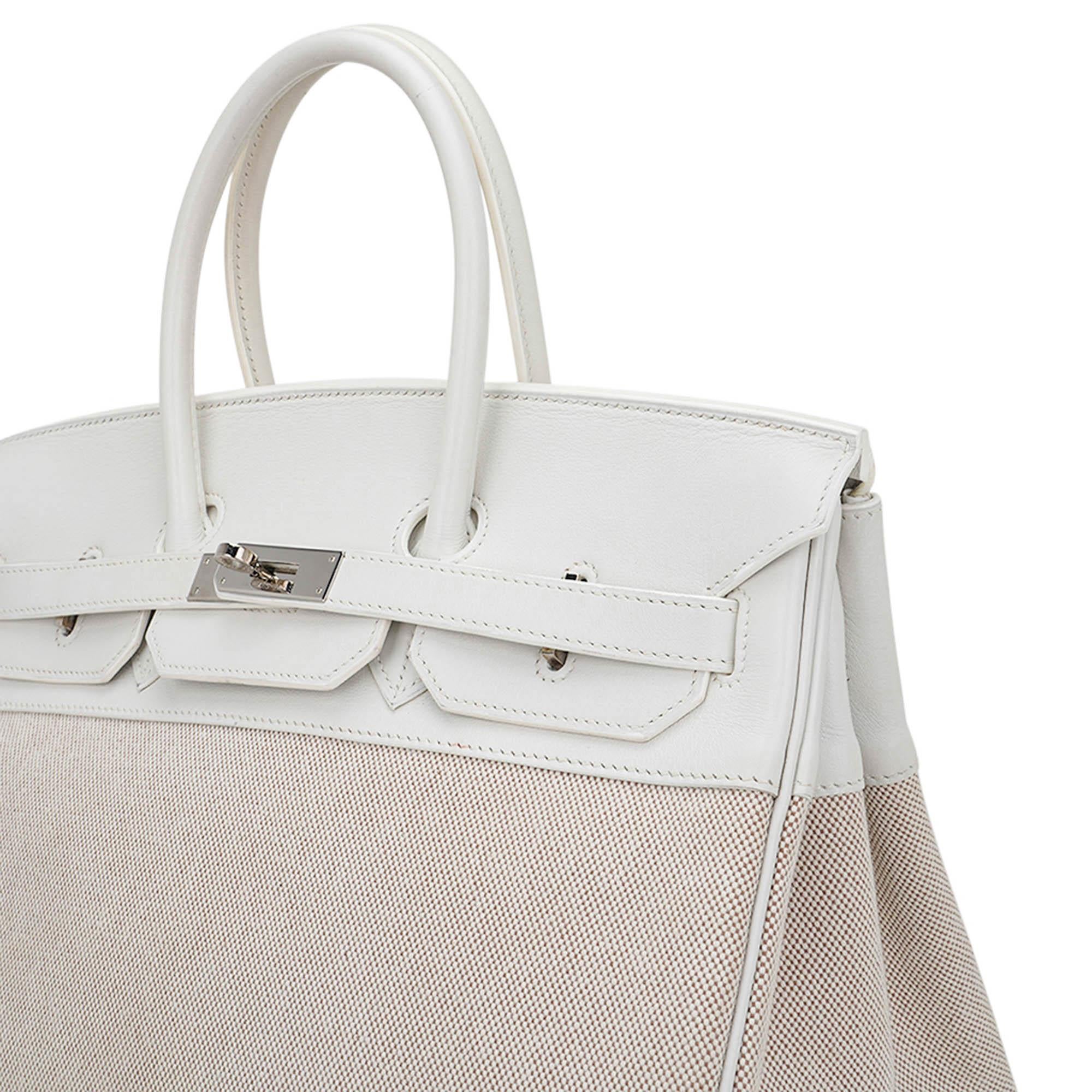 Hermes Birkin 35 White Toile Bag Swift Leather Palladium  For Sale 1
