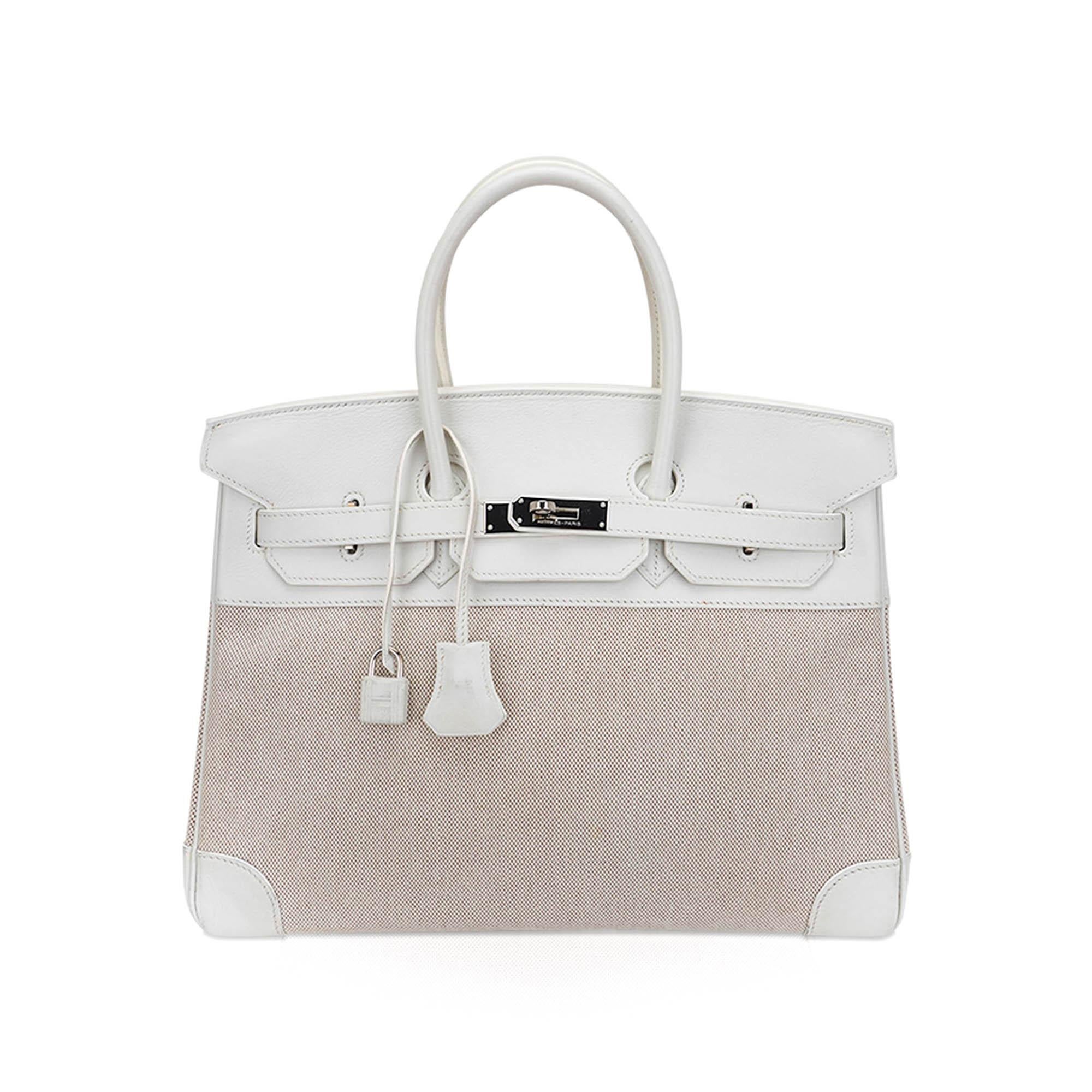Hermes Birkin 35 White Toile Bag Swift Leather Palladium  For Sale