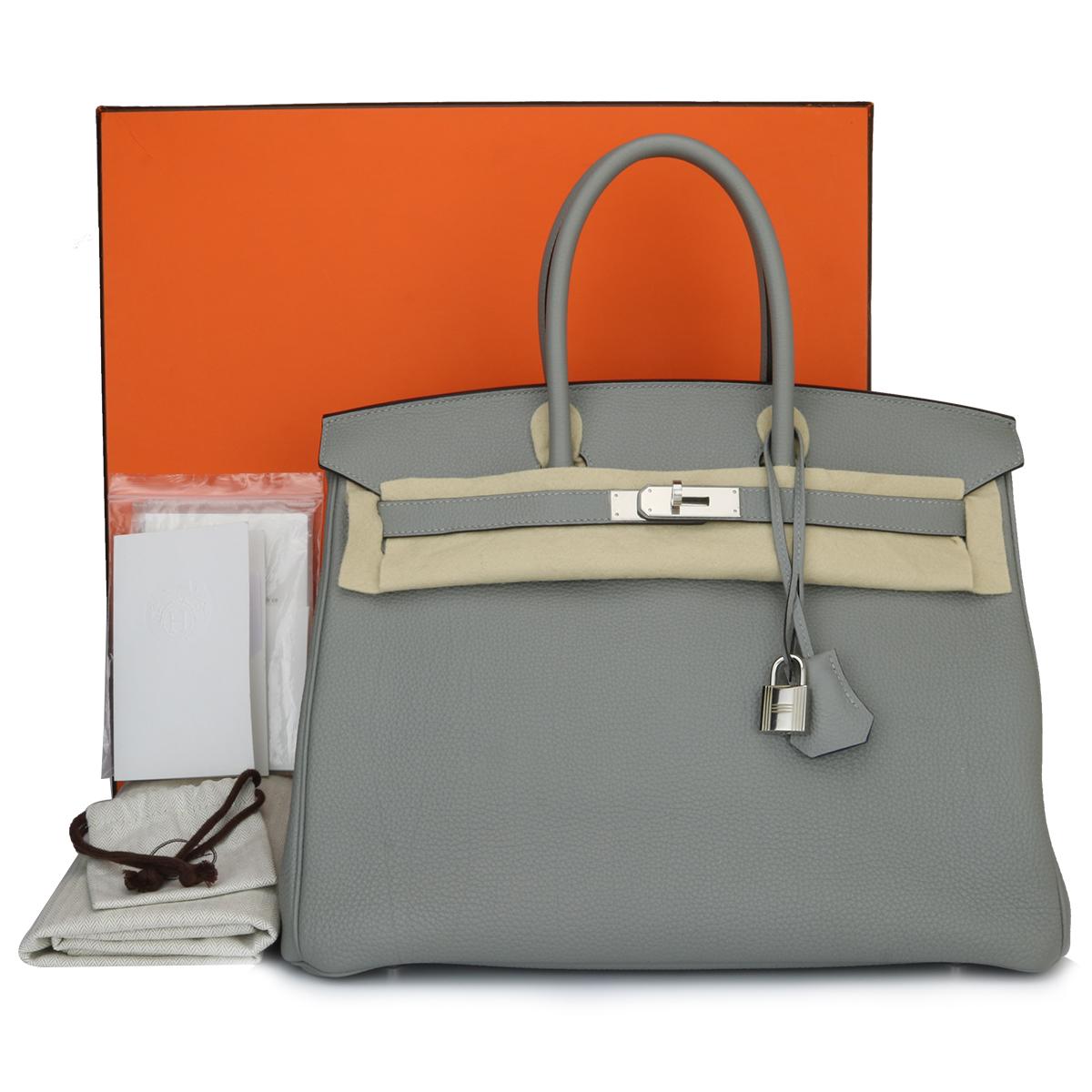 Authentic Hermès Birkin 35cm Gris Mouette/Bleu Agate Togo Leather with Palladium Hardware Stamp X 2016.

This bag is still in a Pristine-Brand New condition. The leather still smells fresh as when new, along with it still holding to the original