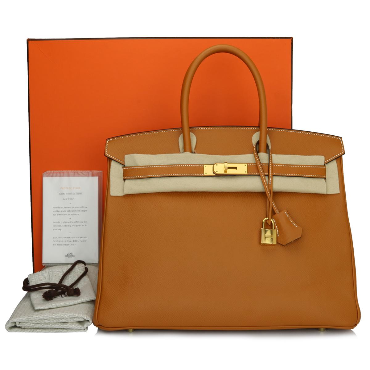 Authentic Hermès Birkin 35cm Toffee Epsom Leather with Gold Hardware Stamp A 2017.

This bag is still in a pristine condition. The leather still smells fresh as when new, along with it still holding to the original shape. The hardware still very