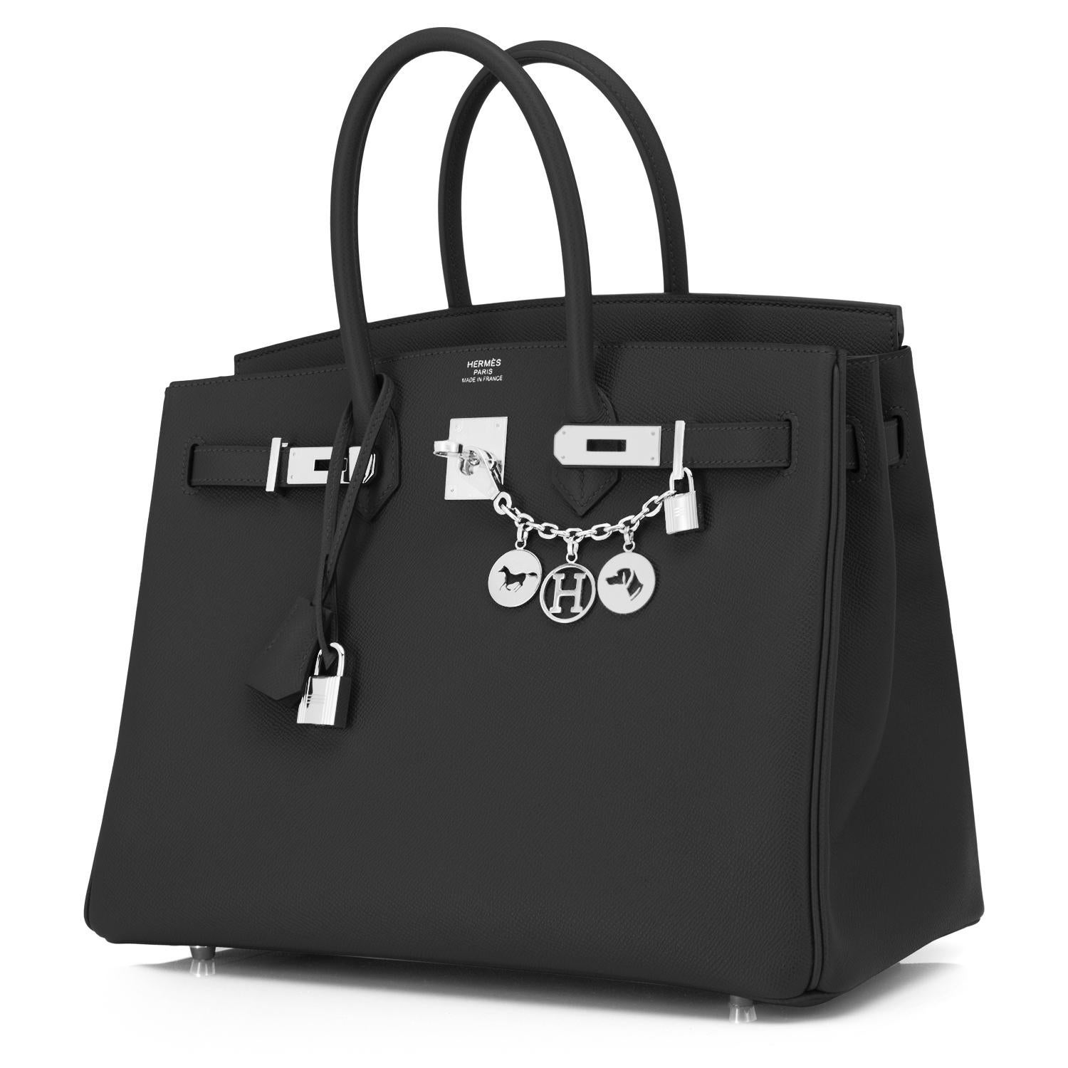 Hermes Black 35cm Birkin Palladium Hardware Epsom Bag Power Birkin NEW
Brand new in box. Store Fresh.  Pristine condition (with plastic on hardware).
Perfect gift! Comes with keys, lock, clochette, a sleeper for the bag, rain protector, and orange