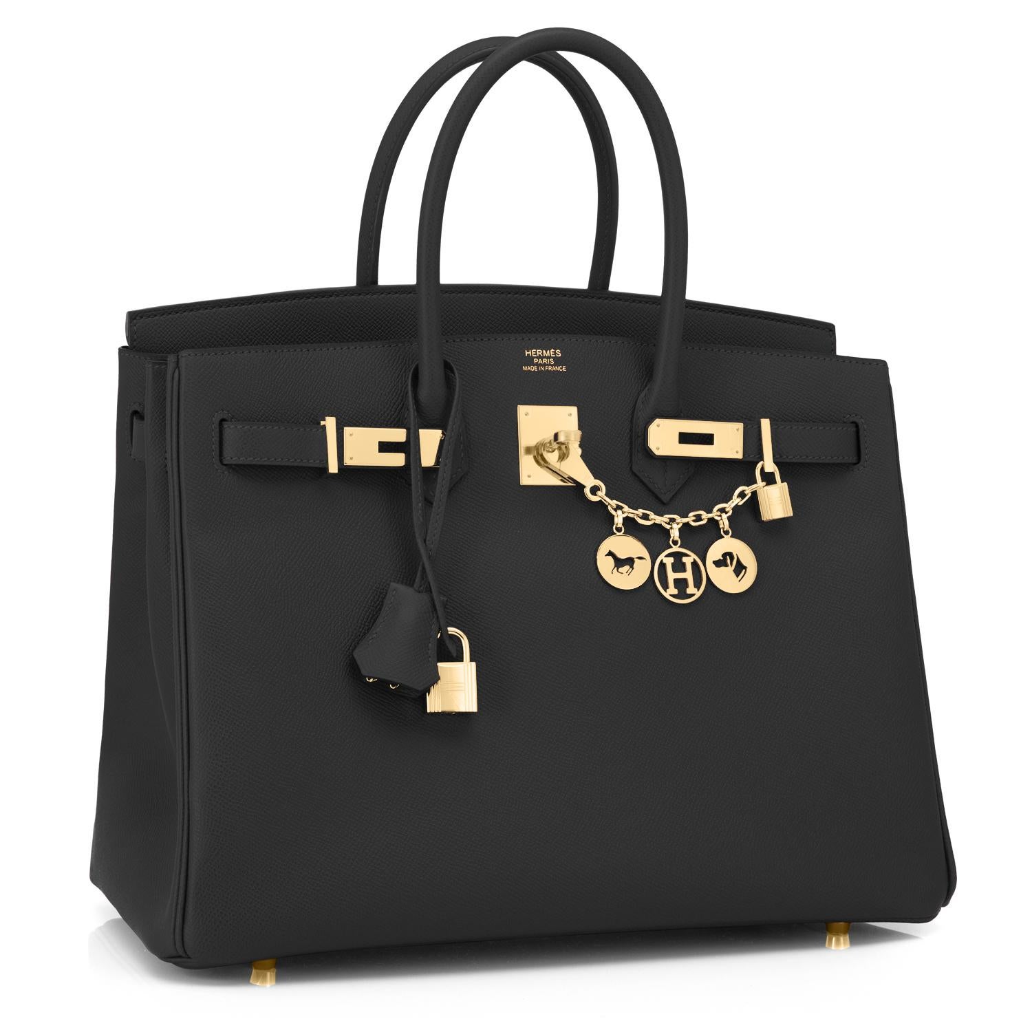 Hermes Black 35cm Birkin Gold Hardware Epsom Bag Power Birkin NEW
Brand new in box. Store Fresh.  Pristine condition (with plastic on hardware).
Perfect gift! Comes with keys, lock, clochette, a sleeper for the bag, rain protector, and orange Hermes