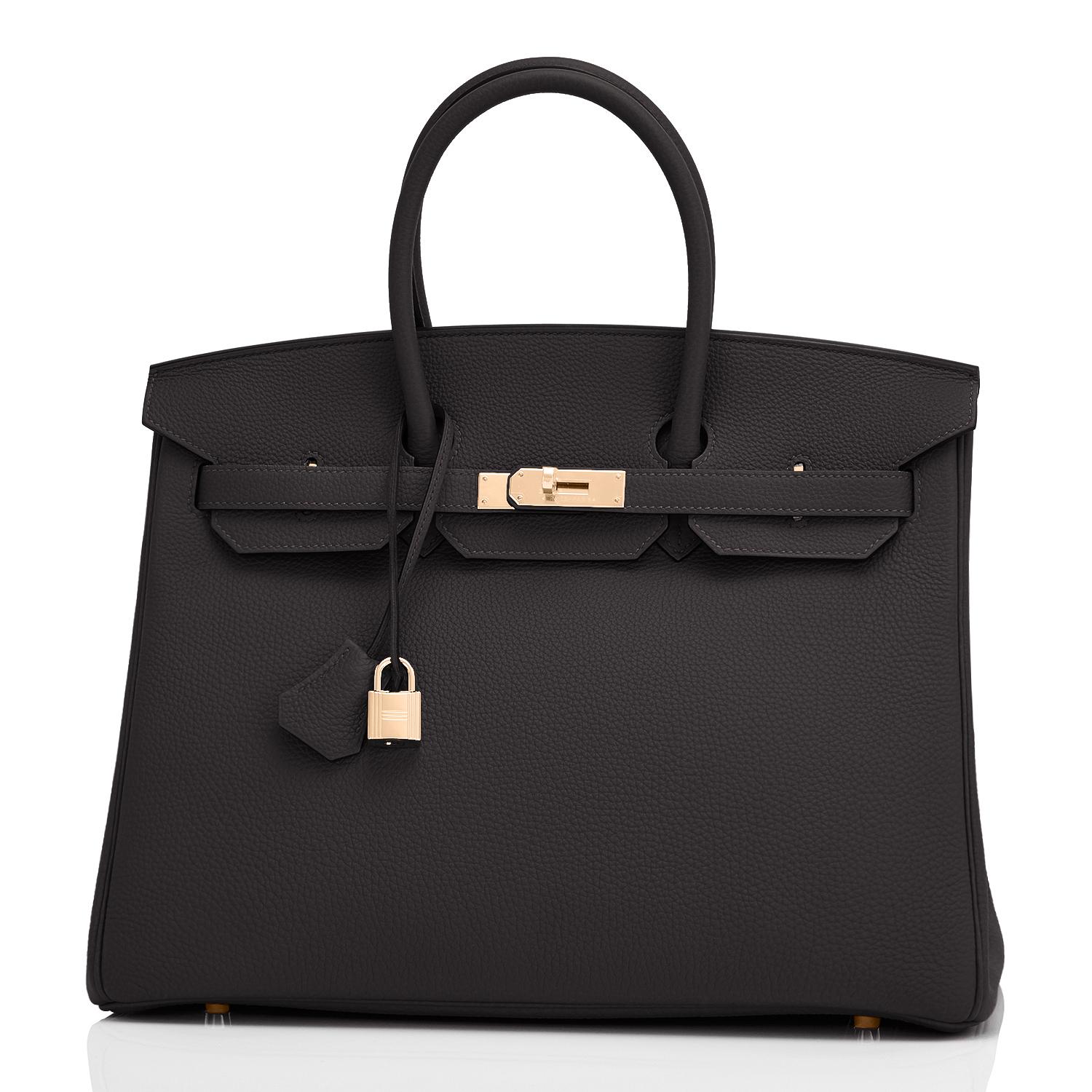 Hermes Birkin 35cm Black Rose Gold Hardware Togo Bag U Stamp, 2022
Perfect gift! Black with Rose Gold is soooo pretty in person!
Just purchased from Hermes store; bag bears new 2022 interior U stamp.
Brand New in Box. Store fresh. Pristine Condition